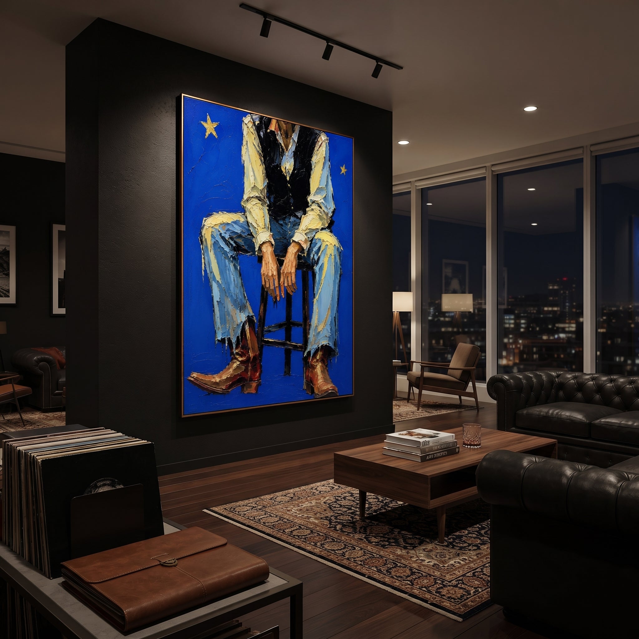 "Wide Brim Western Figure Painting" focuses on atmosphere, surface movement, and sculptural heavy impasto craftsmanship rather than a fixed literal storyline. The composition uses this hand-painted vertical canvas presents a faceless western figure with a broad tan hat, loose green coat, white shirt, and dark trousers shaped in heavy palette-knife strokes as the visual anchor, while layered palette-knife paint, raised plaster-like texture, and softened brush movement create tactile depth across