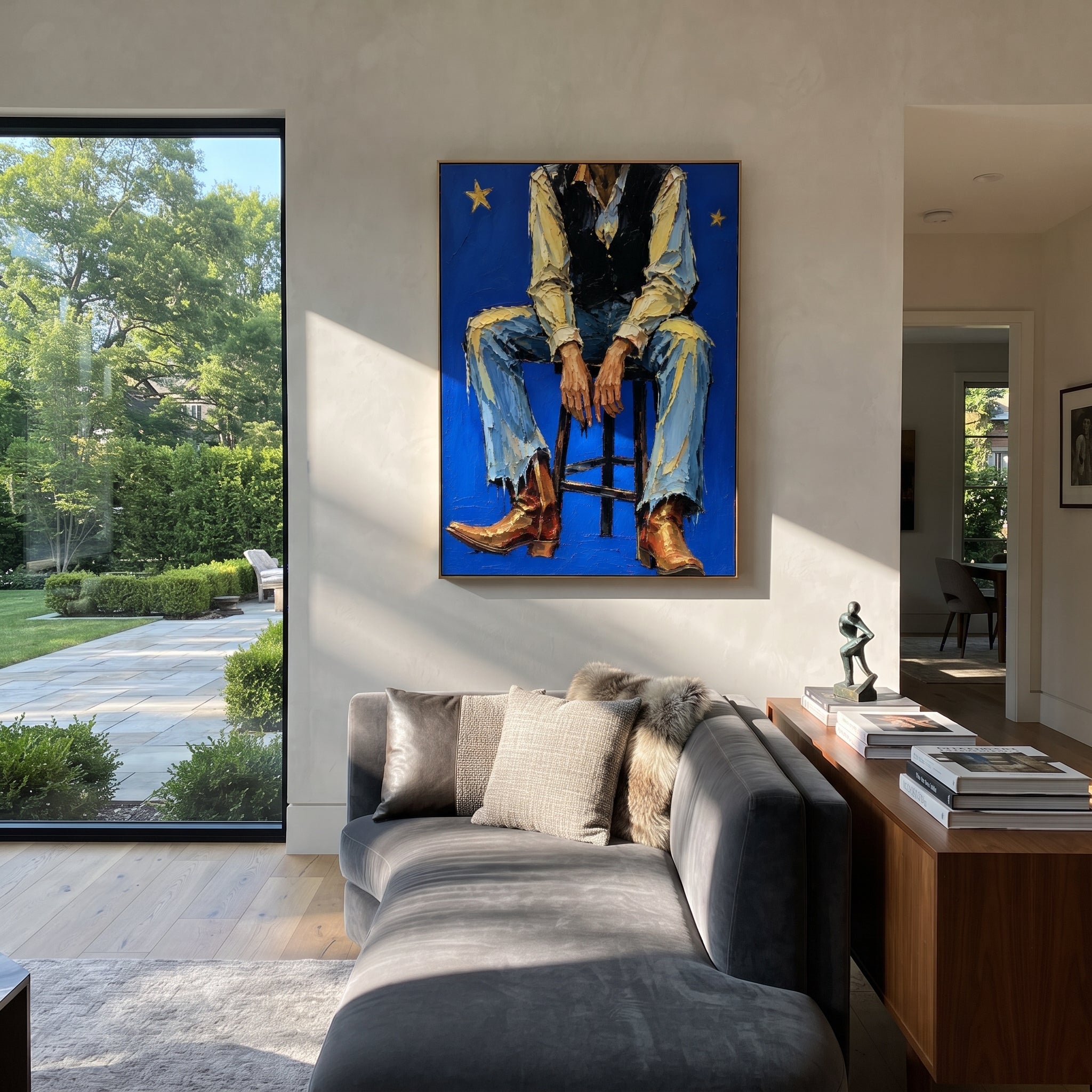 "Leaning Blue Cowboy Portrait Painting" focuses on atmosphere, surface movement, and sculptural heavy impasto craftsmanship rather than a fixed literal storyline. The composition uses this hand-painted vertical canvas crops a cowboy leaning with one arm over his knee, wearing a tan hat, black vest, pale blue shirt, and denim jeans as the visual anchor, while layered palette-knife paint, raised plaster-like texture, and softened brush movement create tactile depth across the canvas. Curated with