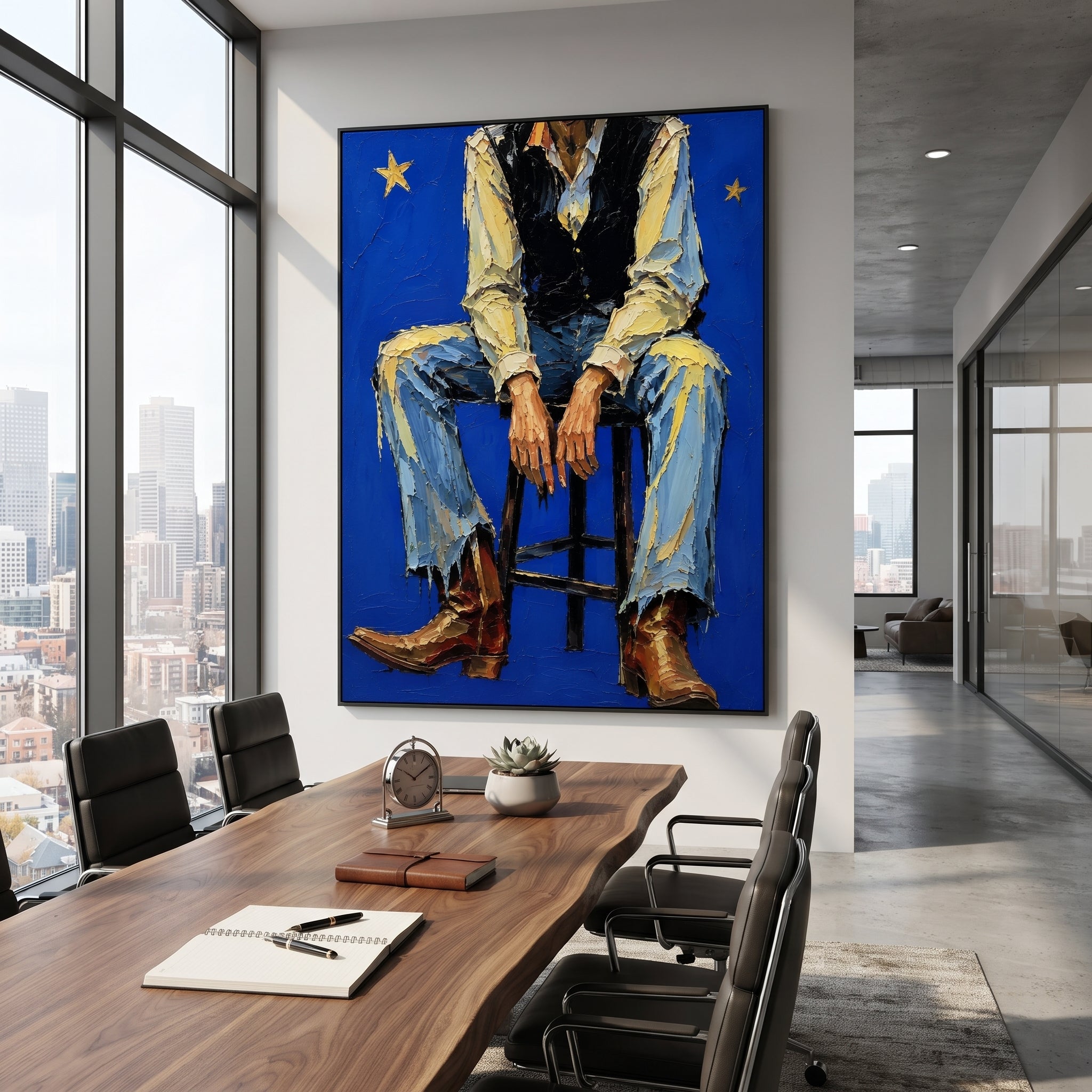 "Leaning Blue Cowboy Portrait Painting" focuses on atmosphere, surface movement, and sculptural heavy impasto craftsmanship rather than a fixed literal storyline. The composition uses this hand-painted vertical canvas crops a cowboy leaning with one arm over his knee, wearing a tan hat, black vest, pale blue shirt, and denim jeans as the visual anchor, while layered palette-knife paint, raised plaster-like texture, and softened brush movement create tactile depth across the canvas. Curated with