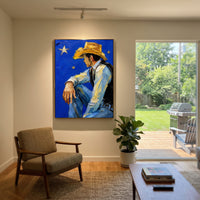 "Minimal Western Man Painting" focuses on atmosphere, surface movement, and sculptural heavy impasto craftsmanship rather than a fixed literal storyline. The composition uses this hand-painted vertical canvas presents a simplified western man in a broad hat and open jacket, painted with raised edges, earthy outlines, and a clean neutral background as the visual anchor, while layered palette-knife paint, raised plaster-like texture, and softened brush movement create tactile depth across the