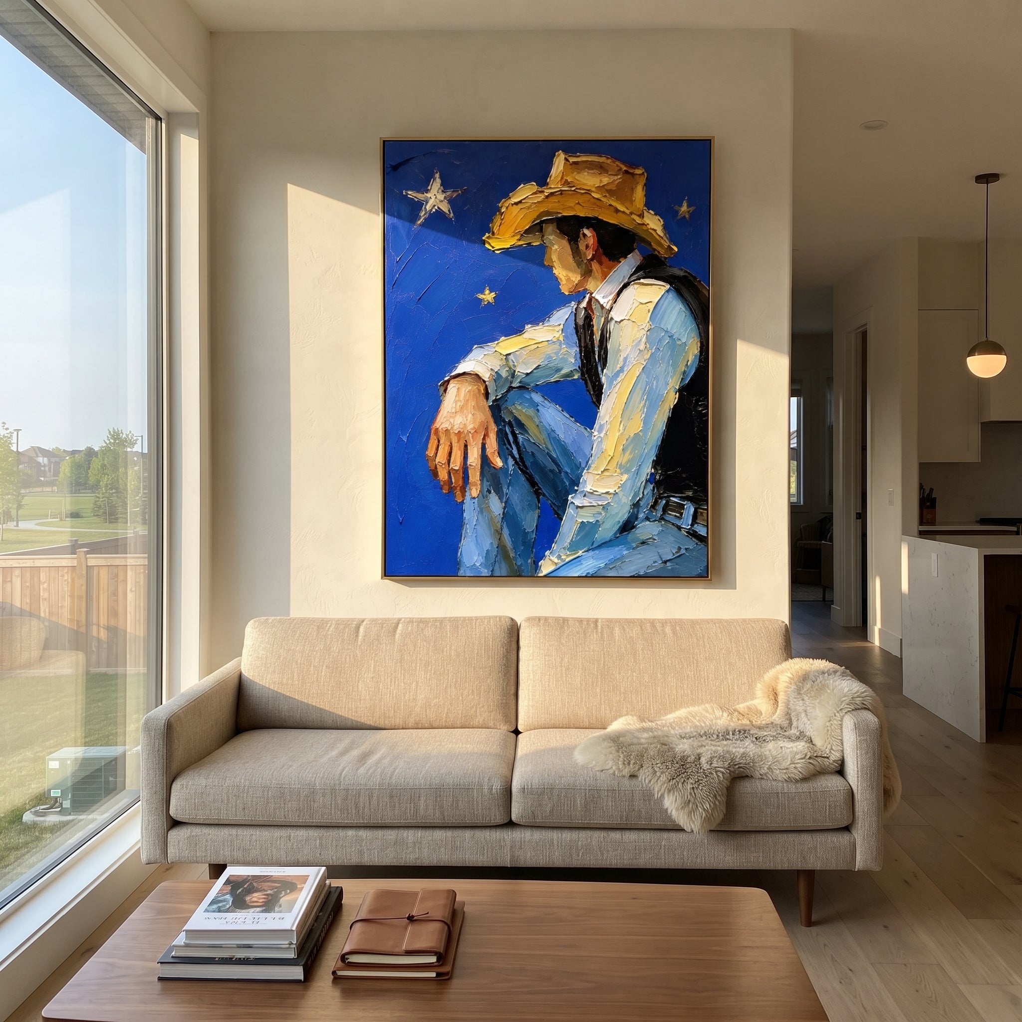"Minimal Western Man Painting" focuses on atmosphere, surface movement, and sculptural heavy impasto craftsmanship rather than a fixed literal storyline. The composition uses this hand-painted vertical canvas presents a simplified western man in a broad hat and open jacket, painted with raised edges, earthy outlines, and a clean neutral background as the visual anchor, while layered palette-knife paint, raised plaster-like texture, and softened brush movement create tactile depth across the