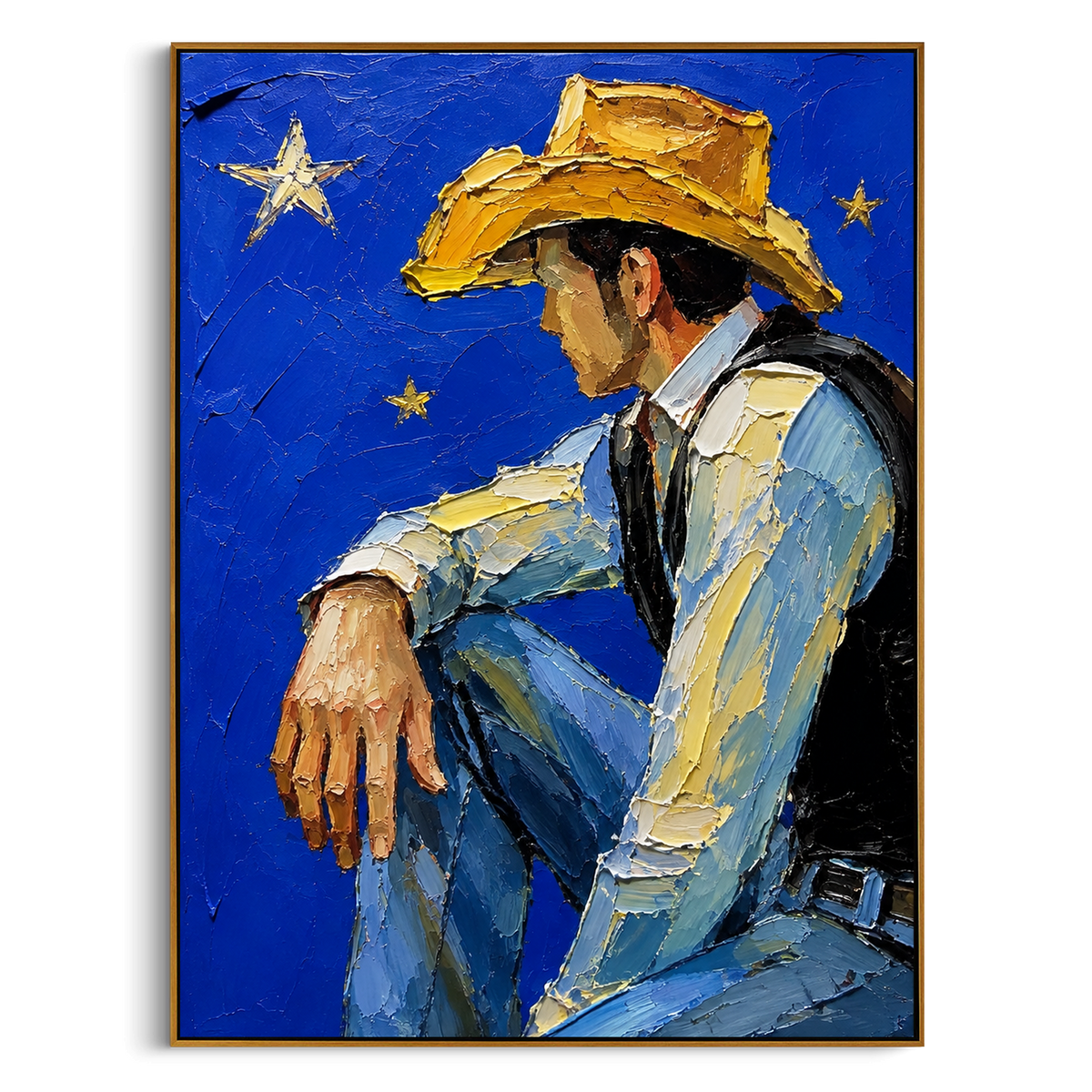 "Centered Chair Cowboy Painting" - Modern Heavy Impasto Western Animal Artwork | Blue & Beige Palette Knife Painting | Luxury Vertical Wall Art #PT 1545