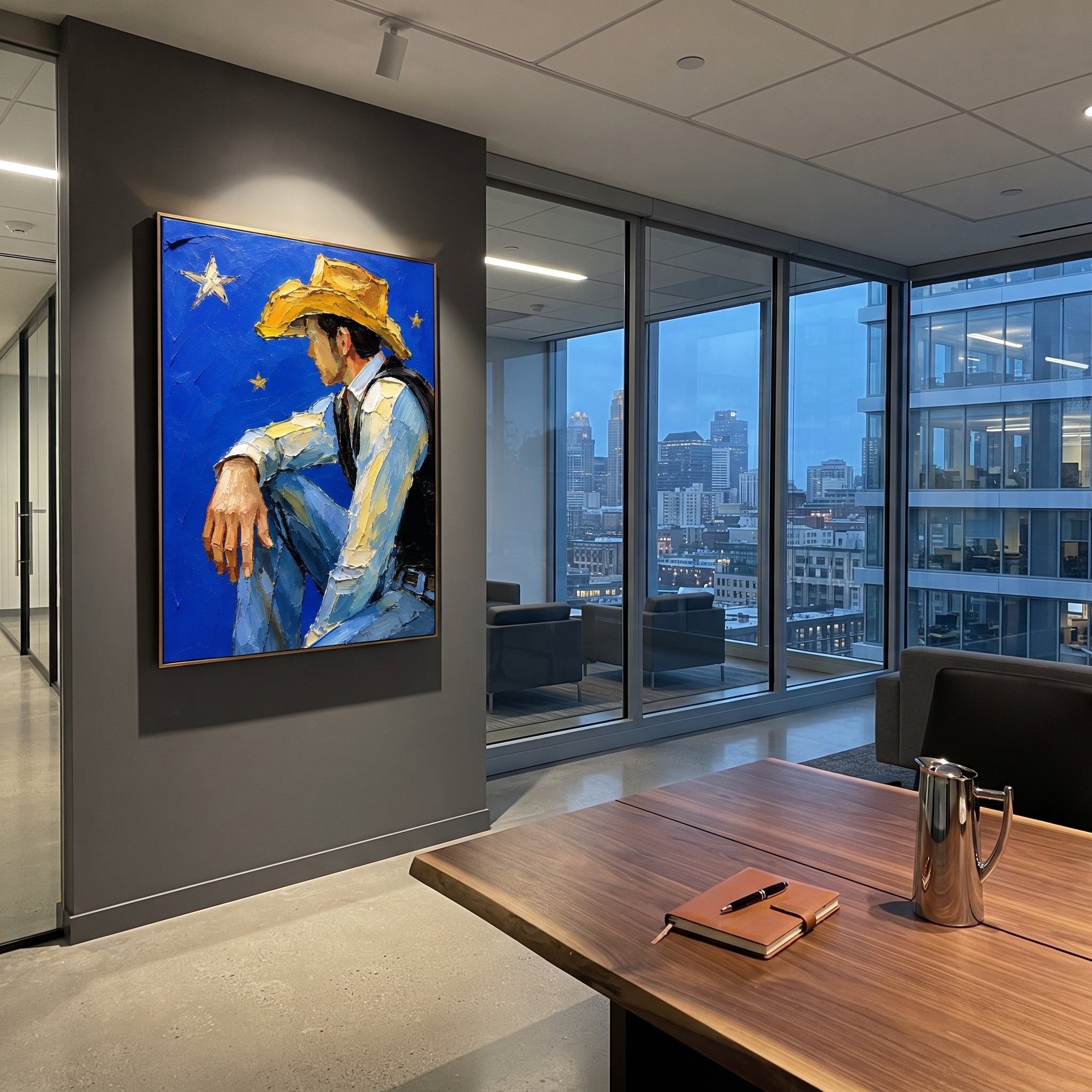 "Centered Chair Cowboy Painting" focuses on atmosphere, surface movement, and sculptural heavy impasto craftsmanship rather than a fixed literal storyline. The composition uses this hand-painted vertical canvas shows a cowboy sitting centered on a chair with arms draped wide and legs crossed, framed by a vivid blue background and yellow stars as the visual anchor, while layered palette-knife paint, raised plaster-like texture, and softened brush movement create tactile depth across the canvas.