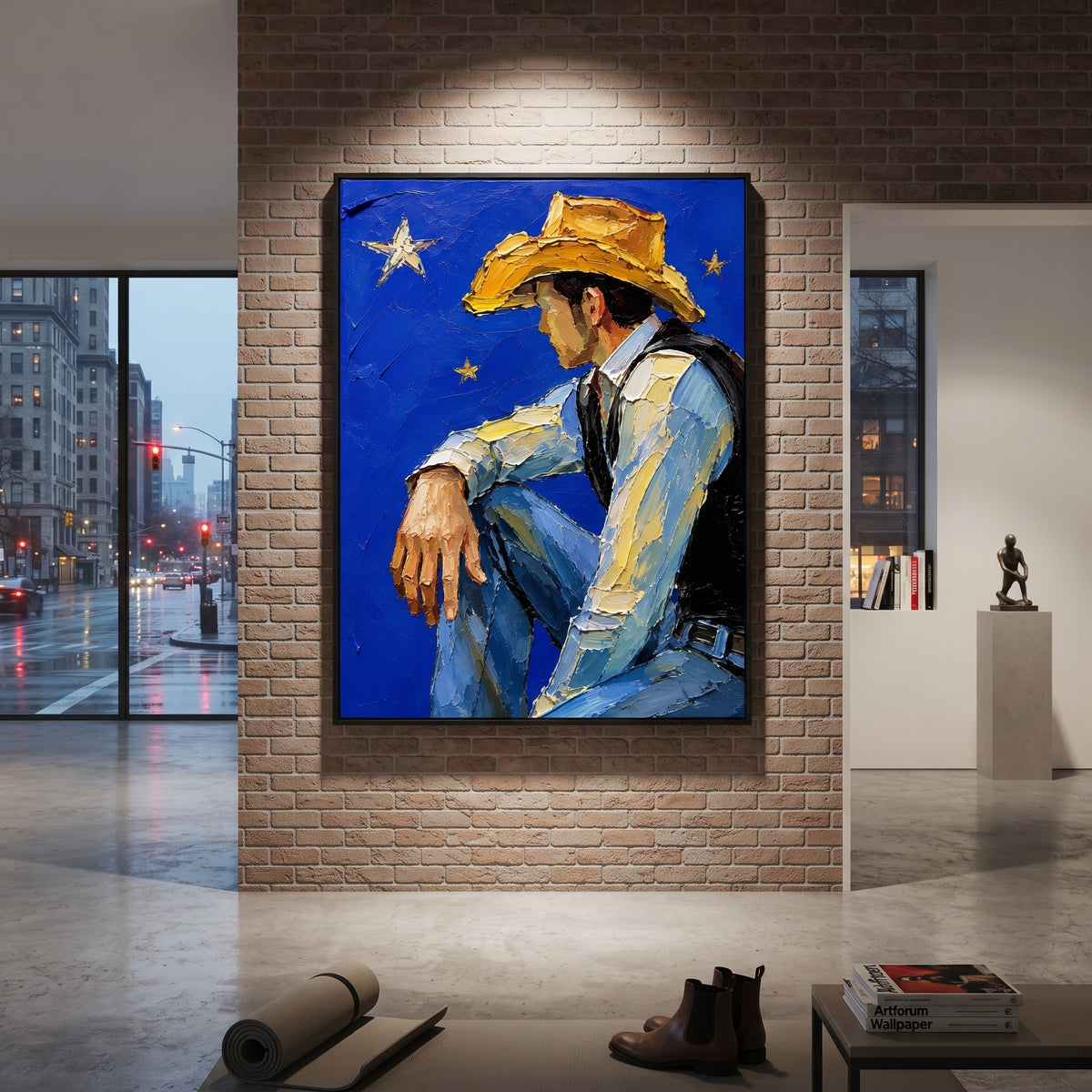 "Centered Chair Cowboy Painting" focuses on atmosphere, surface movement, and sculptural heavy impasto craftsmanship rather than a fixed literal storyline. The composition uses this hand-painted vertical canvas shows a cowboy sitting centered on a chair with arms draped wide and legs crossed, framed by a vivid blue background and yellow stars as the visual anchor, while layered palette-knife paint, raised plaster-like texture, and softened brush movement create tactile depth across the canvas.