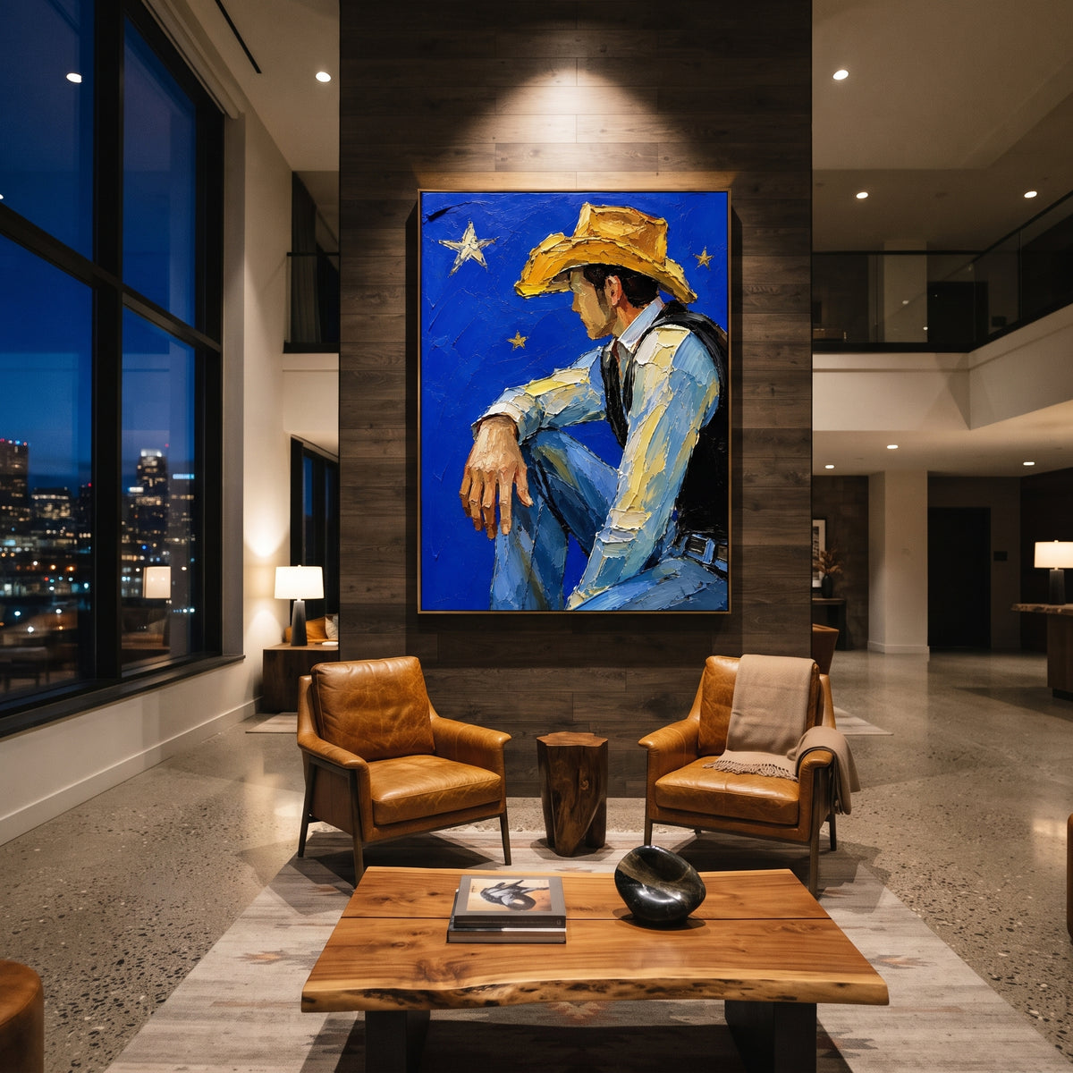 "Centered Chair Cowboy Painting" focuses on atmosphere, surface movement, and sculptural heavy impasto craftsmanship rather than a fixed literal storyline. The composition uses this hand-painted vertical canvas shows a cowboy sitting centered on a chair with arms draped wide and legs crossed, framed by a vivid blue background and yellow stars as the visual anchor, while layered palette-knife paint, raised plaster-like texture, and softened brush movement create tactile depth across the canvas.