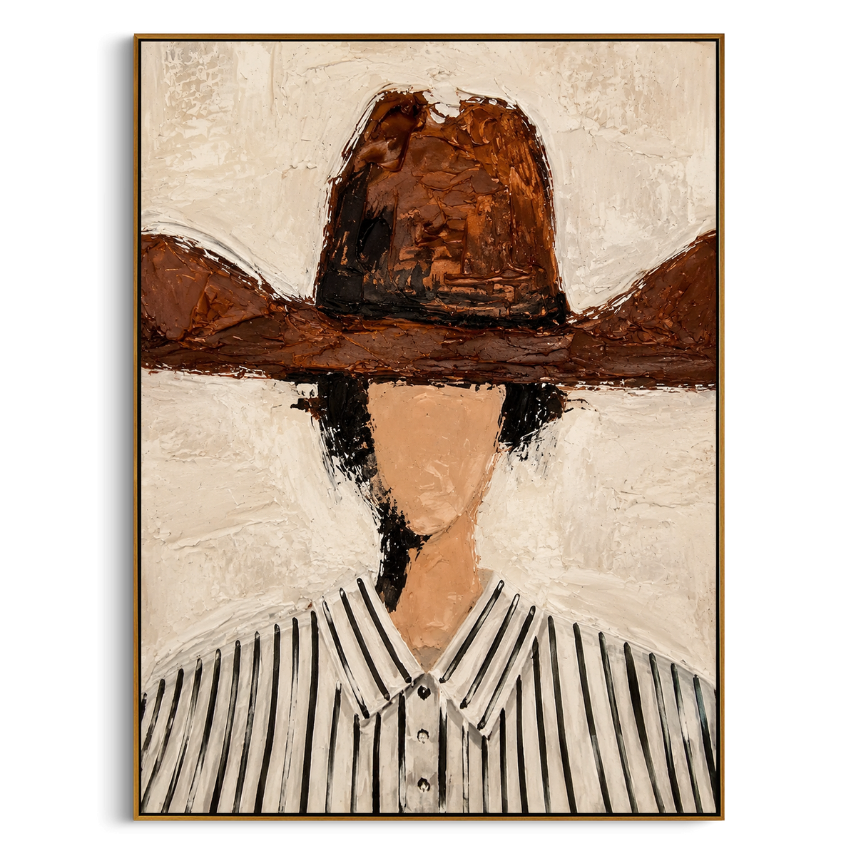 "Wide Brown Hat Portrait Painting" - Modern Heavy Impasto Western Animal Artwork | Beige & Brown Palette Knife Painting | Luxury Vertical Wall Art #PT 1546