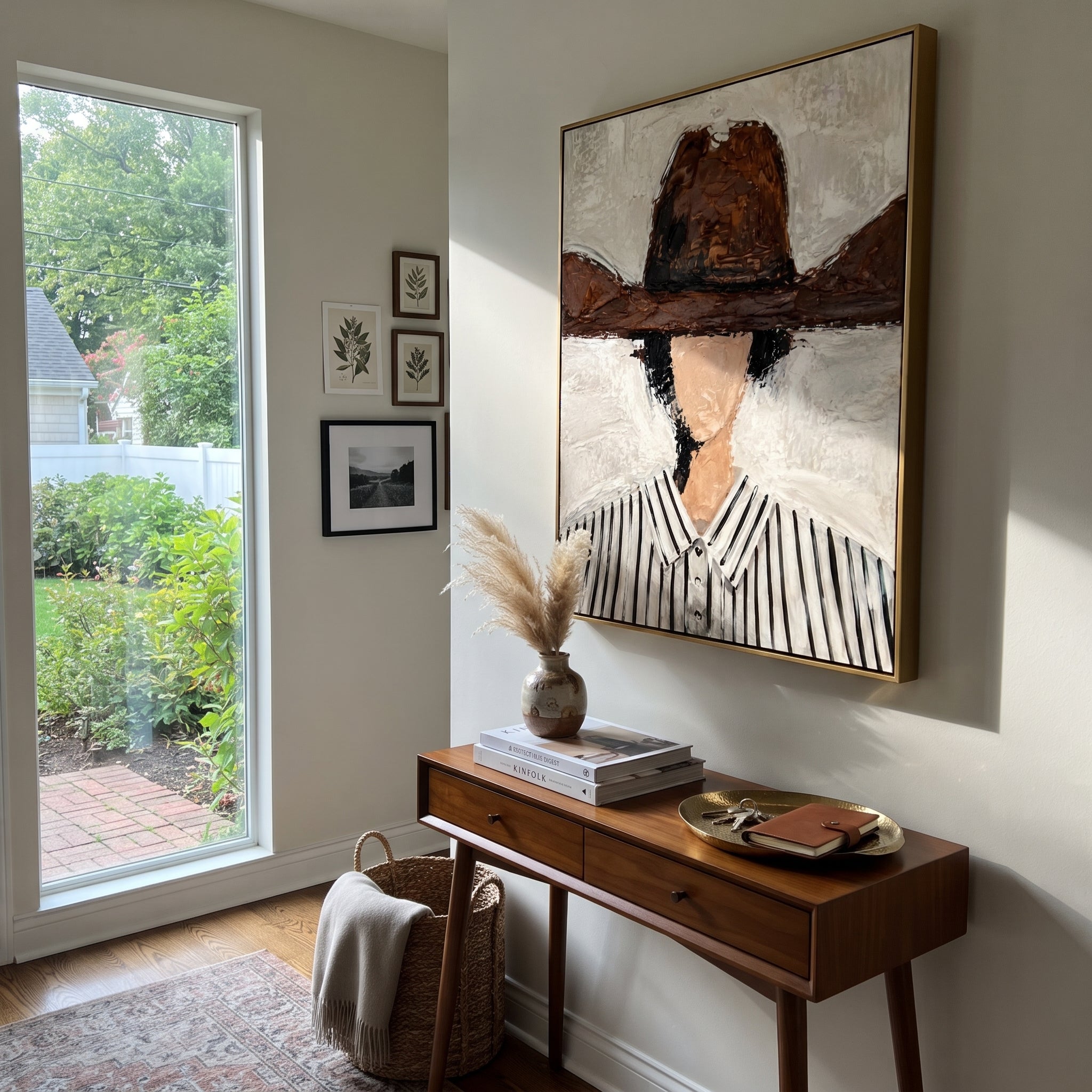 "Wide Brown Hat Portrait Painting" focuses on atmosphere, surface movement, and sculptural heavy impasto craftsmanship rather than a fixed literal storyline. The composition uses this hand-painted vertical canvas features a faceless figure in a wide brown hat and black-striped white shirt against a creamy plaster background as the visual anchor, while layered palette-knife paint, raised plaster-like texture, and softened brush movement create tactile depth across the canvas. Curated with a