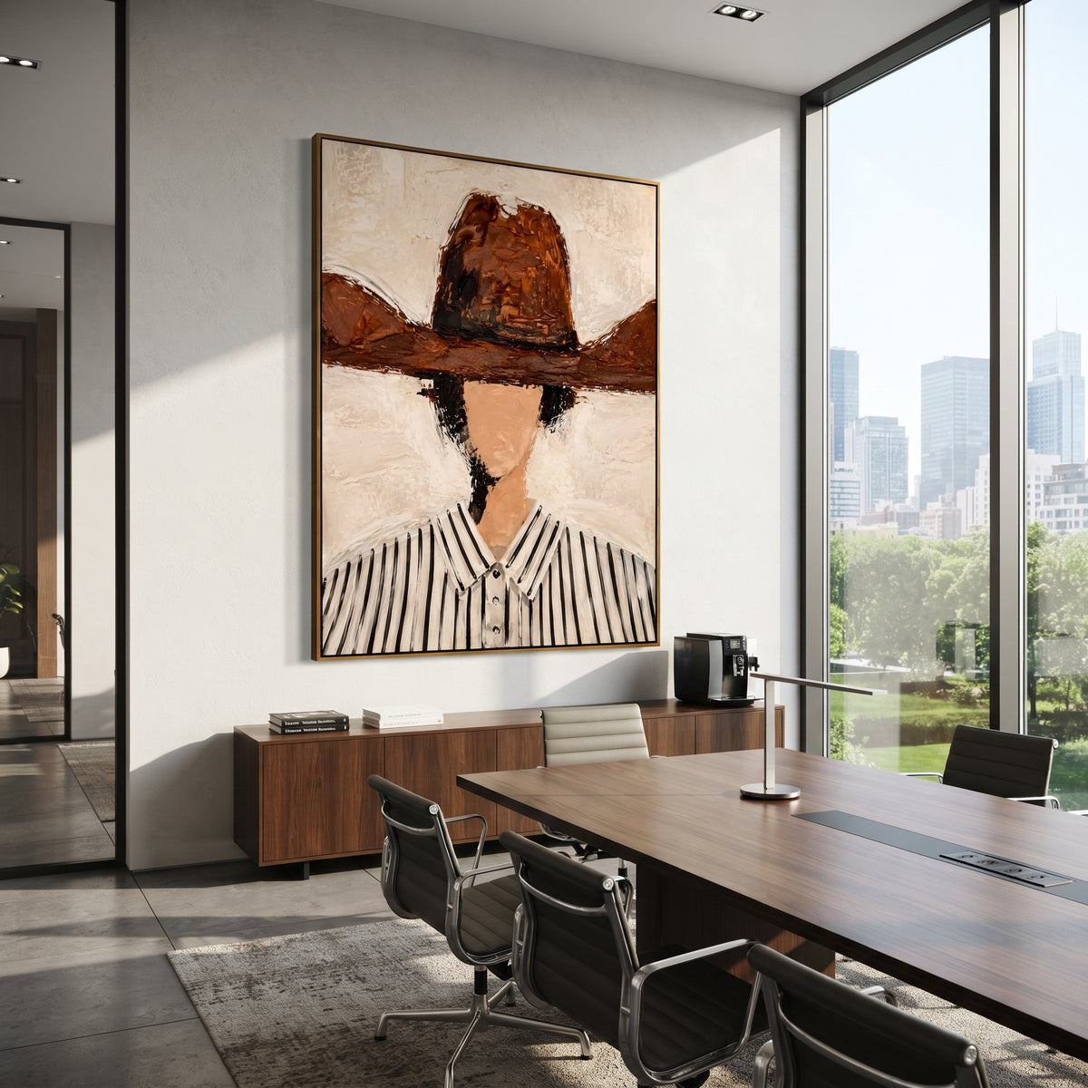 "Wide Brown Hat Portrait Painting" focuses on atmosphere, surface movement, and sculptural heavy impasto craftsmanship rather than a fixed literal storyline. The composition uses this hand-painted vertical canvas features a faceless figure in a wide brown hat and black-striped white shirt against a creamy plaster background as the visual anchor, while layered palette-knife paint, raised plaster-like texture, and softened brush movement create tactile depth across the canvas. Curated with a