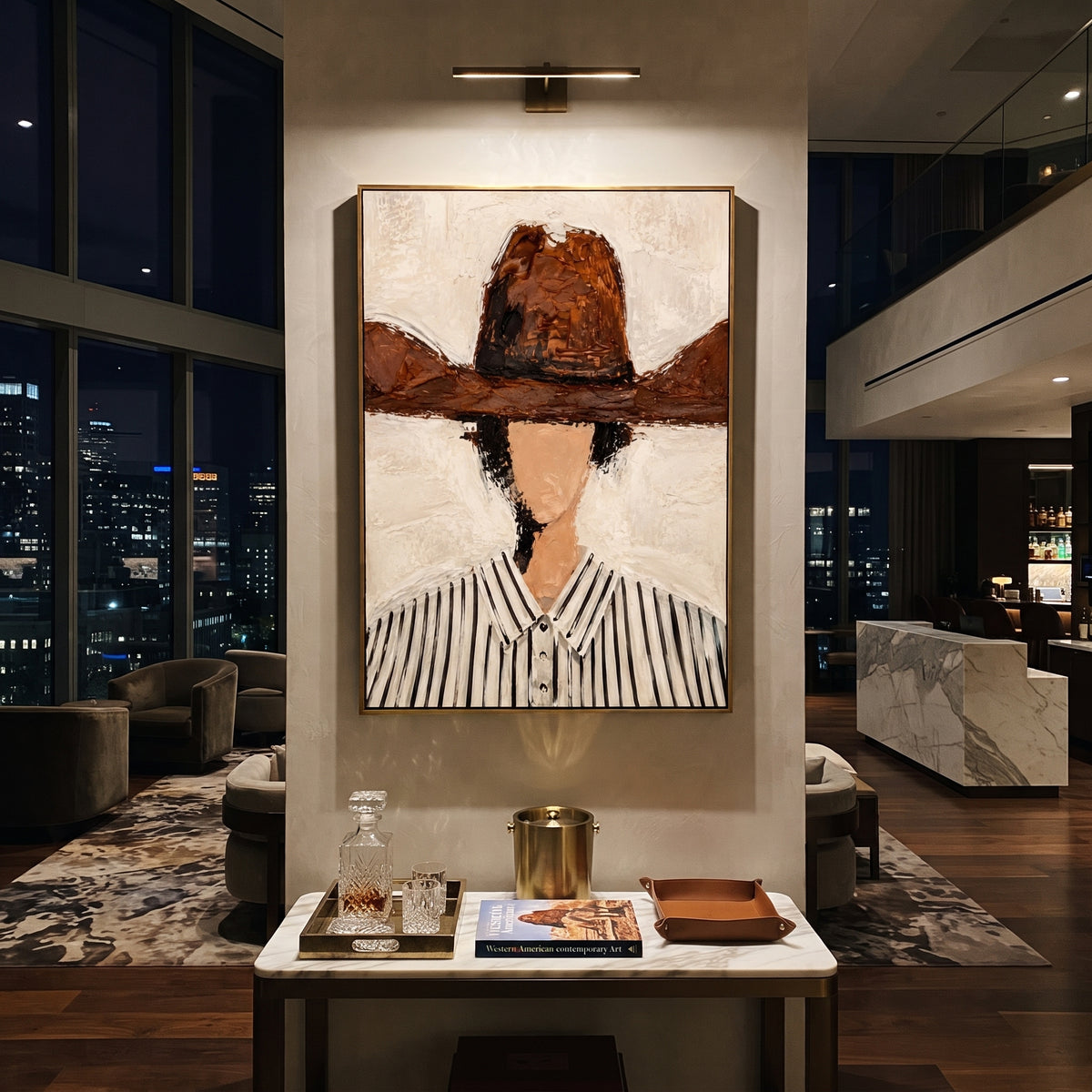 "Wide Brown Hat Portrait Painting" focuses on atmosphere, surface movement, and sculptural heavy impasto craftsmanship rather than a fixed literal storyline. The composition uses this hand-painted vertical canvas features a faceless figure in a wide brown hat and black-striped white shirt against a creamy plaster background as the visual anchor, while layered palette-knife paint, raised plaster-like texture, and softened brush movement create tactile depth across the canvas. Curated with a
