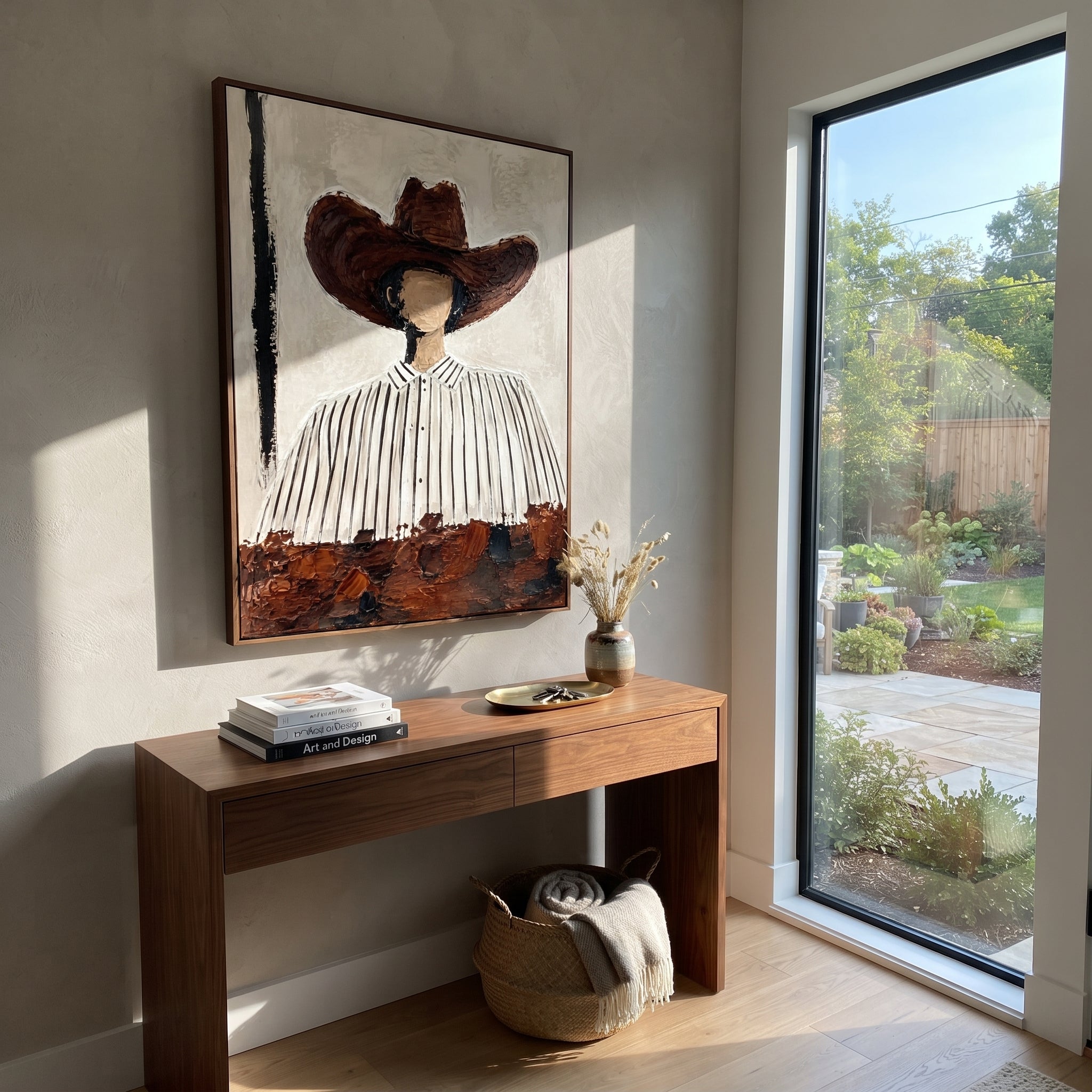 "Round Brown Hat Portrait Painting" focuses on atmosphere, surface movement, and sculptural heavy impasto craftsmanship rather than a fixed literal storyline. The composition uses this hand-painted vertical canvas shows a faceless western figure wearing a large rounded brown hat and a white shirt with narrow black stripes as the visual anchor, while layered palette-knife paint, raised plaster-like texture, and softened brush movement create tactile depth across the canvas. Curated with a