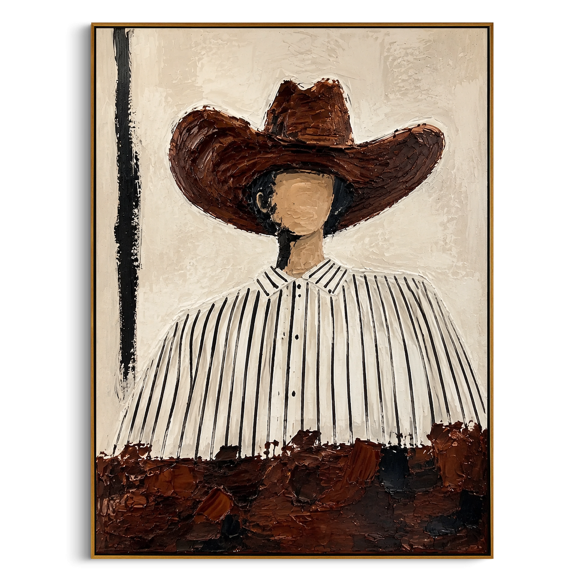 "Round Brown Hat Portrait Painting" - Modern Heavy Impasto Western Animal Artwork | Beige & Brown Palette Knife Painting | Luxury Vertical Wall Art #PT 1547