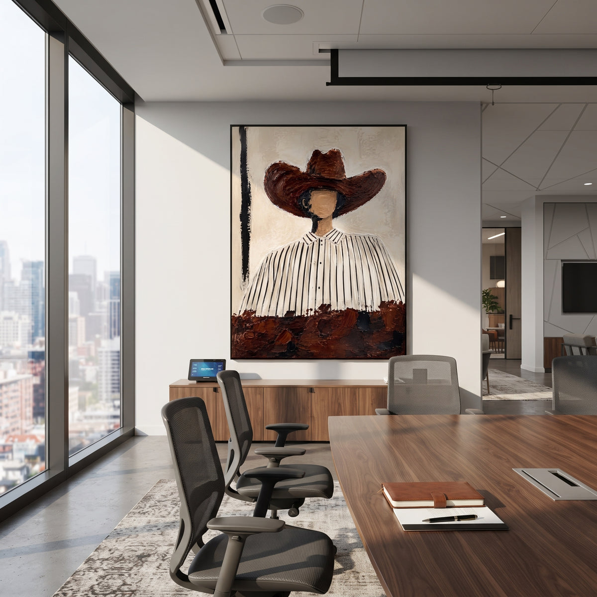 "Round Brown Hat Portrait Painting" focuses on atmosphere, surface movement, and sculptural heavy impasto craftsmanship rather than a fixed literal storyline. The composition uses this hand-painted vertical canvas shows a faceless western figure wearing a large rounded brown hat and a white shirt with narrow black stripes as the visual anchor, while layered palette-knife paint, raised plaster-like texture, and softened brush movement create tactile depth across the canvas. Curated with a
