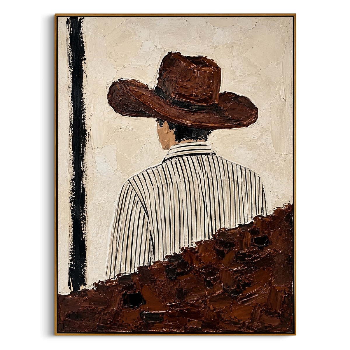 "Back Turn Striped Shirt Cowboy Painting" focuses on atmosphere, surface movement, and sculptural heavy impasto craftsmanship rather than a fixed literal storyline. The composition uses this hand-painted vertical canvas depicts a western figure from behind, wearing a broad brown hat and a white shirt with thin black vertical stripes as the visual anchor, while layered palette-knife paint, raised plaster-like texture, and softened brush movement create tactile depth across the canvas. Curated