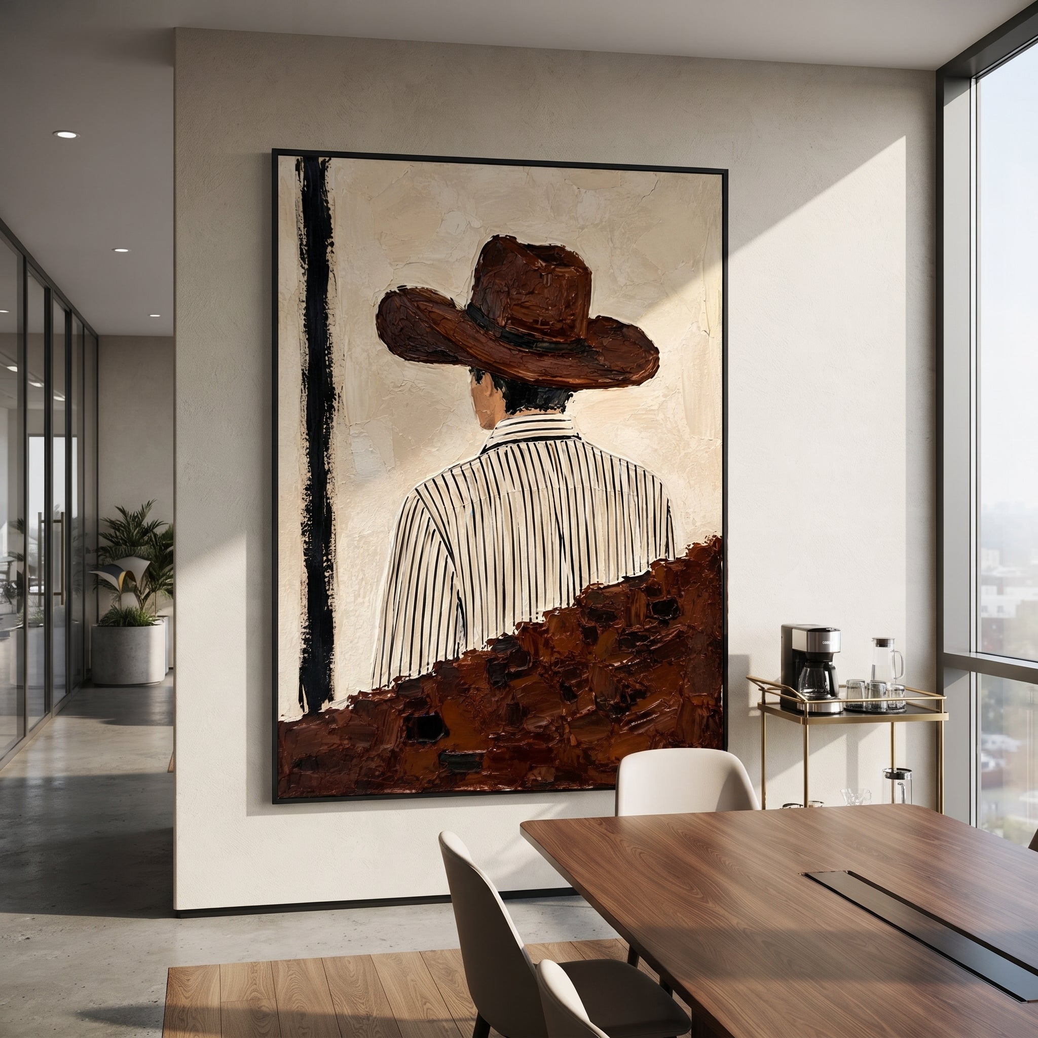 "Back Turn Striped Shirt Cowboy Painting" focuses on atmosphere, surface movement, and sculptural heavy impasto craftsmanship rather than a fixed literal storyline. The composition uses this hand-painted vertical canvas depicts a western figure from behind, wearing a broad brown hat and a white shirt with thin black vertical stripes as the visual anchor, while layered palette-knife paint, raised plaster-like texture, and softened brush movement create tactile depth across the canvas. Curated