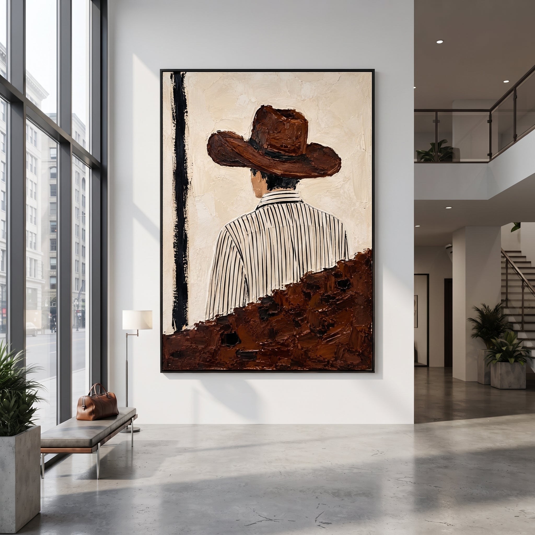 "Back Turn Striped Shirt Cowboy Painting" focuses on atmosphere, surface movement, and sculptural heavy impasto craftsmanship rather than a fixed literal storyline. The composition uses this hand-painted vertical canvas depicts a western figure from behind, wearing a broad brown hat and a white shirt with thin black vertical stripes as the visual anchor, while layered palette-knife paint, raised plaster-like texture, and softened brush movement create tactile depth across the canvas. Curated