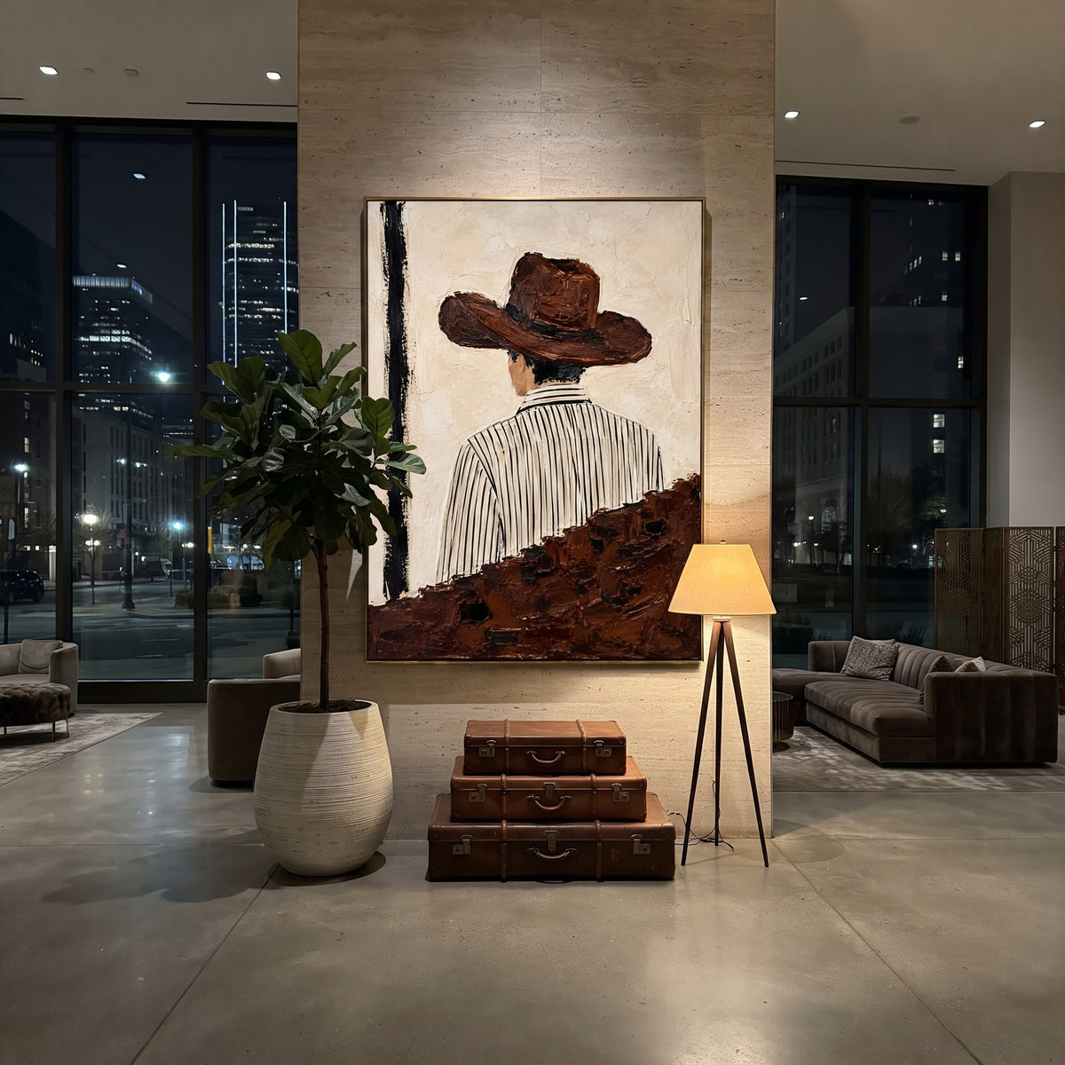 "Back Turn Striped Shirt Cowboy Painting" focuses on atmosphere, surface movement, and sculptural heavy impasto craftsmanship rather than a fixed literal storyline. The composition uses this hand-painted vertical canvas depicts a western figure from behind, wearing a broad brown hat and a white shirt with thin black vertical stripes as the visual anchor, while layered palette-knife paint, raised plaster-like texture, and softened brush movement create tactile depth across the canvas. Curated