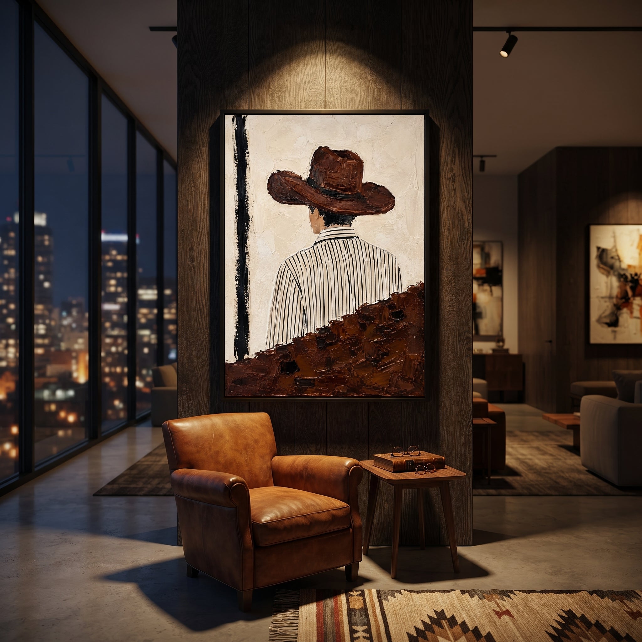 "Back Turn Striped Shirt Cowboy Painting" focuses on atmosphere, surface movement, and sculptural heavy impasto craftsmanship rather than a fixed literal storyline. The composition uses this hand-painted vertical canvas depicts a western figure from behind, wearing a broad brown hat and a white shirt with thin black vertical stripes as the visual anchor, while layered palette-knife paint, raised plaster-like texture, and softened brush movement create tactile depth across the canvas. Curated