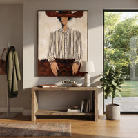 "Brown Hat Striped Torso Painting" focuses on atmosphere, surface movement, and sculptural heavy impasto craftsmanship rather than a fixed literal storyline. The composition uses this hand-painted vertical canvas crops a faceless figure beneath a wide brown hat, emphasizing the white striped shirt, dark belt, and rough brown lower texture as the visual anchor, while layered palette-knife paint, raised plaster-like texture, and softened brush movement create tactile depth across the canvas.
