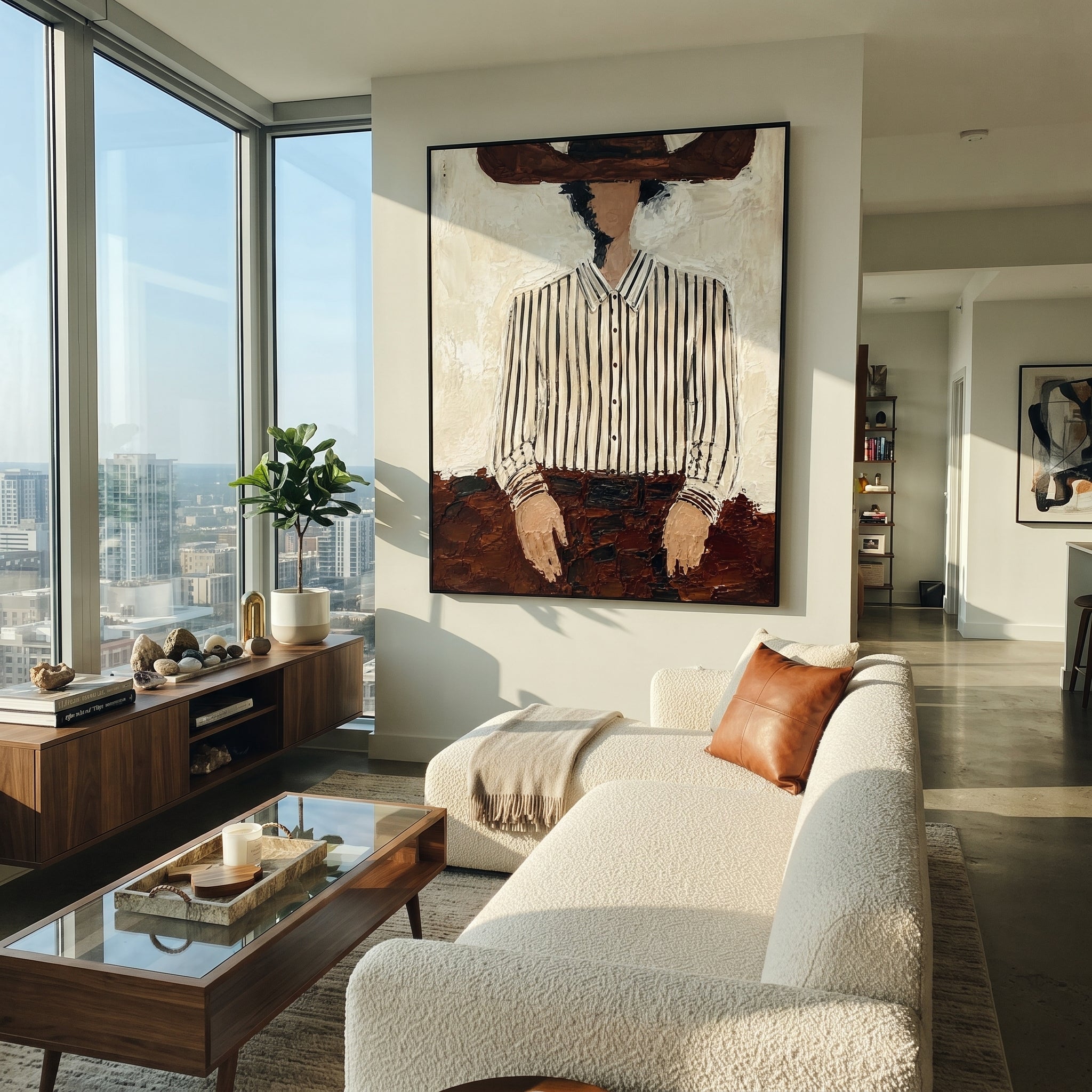 "Brown Hat Striped Torso Painting" focuses on atmosphere, surface movement, and sculptural heavy impasto craftsmanship rather than a fixed literal storyline. The composition uses this hand-painted vertical canvas crops a faceless figure beneath a wide brown hat, emphasizing the white striped shirt, dark belt, and rough brown lower texture as the visual anchor, while layered palette-knife paint, raised plaster-like texture, and softened brush movement create tactile depth across the canvas.