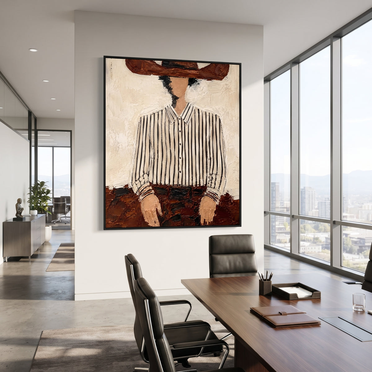 "Brown Hat Striped Torso Painting" focuses on atmosphere, surface movement, and sculptural heavy impasto craftsmanship rather than a fixed literal storyline. The composition uses this hand-painted vertical canvas crops a faceless figure beneath a wide brown hat, emphasizing the white striped shirt, dark belt, and rough brown lower texture as the visual anchor, while layered palette-knife paint, raised plaster-like texture, and softened brush movement create tactile depth across the canvas.