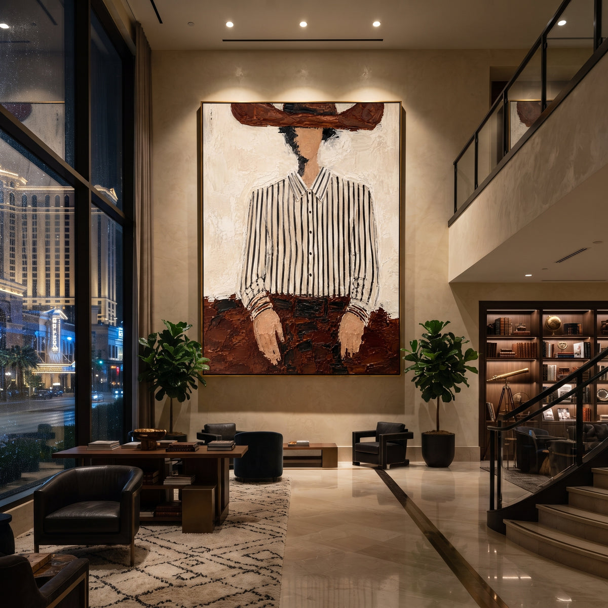 "Brown Hat Striped Torso Painting" focuses on atmosphere, surface movement, and sculptural heavy impasto craftsmanship rather than a fixed literal storyline. The composition uses this hand-painted vertical canvas crops a faceless figure beneath a wide brown hat, emphasizing the white striped shirt, dark belt, and rough brown lower texture as the visual anchor, while layered palette-knife paint, raised plaster-like texture, and softened brush movement create tactile depth across the canvas.