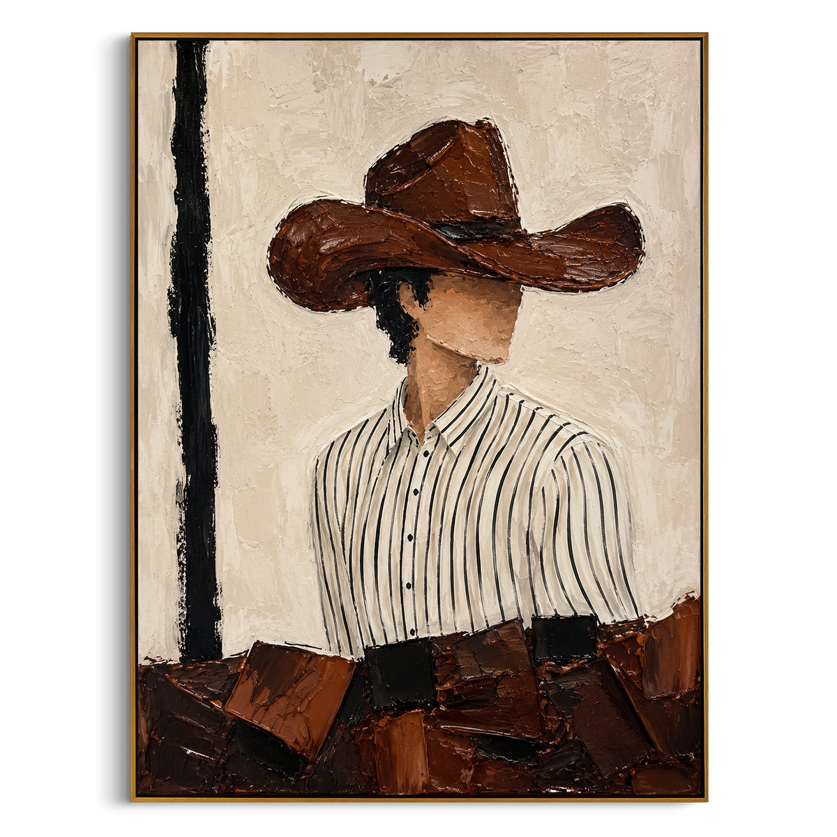 "Side Glance Brown Hat Painting" - Modern Heavy Impasto Western Animal Artwork | Beige & Brown Palette Knife Painting | Luxury Vertical Wall Art #PT 1550