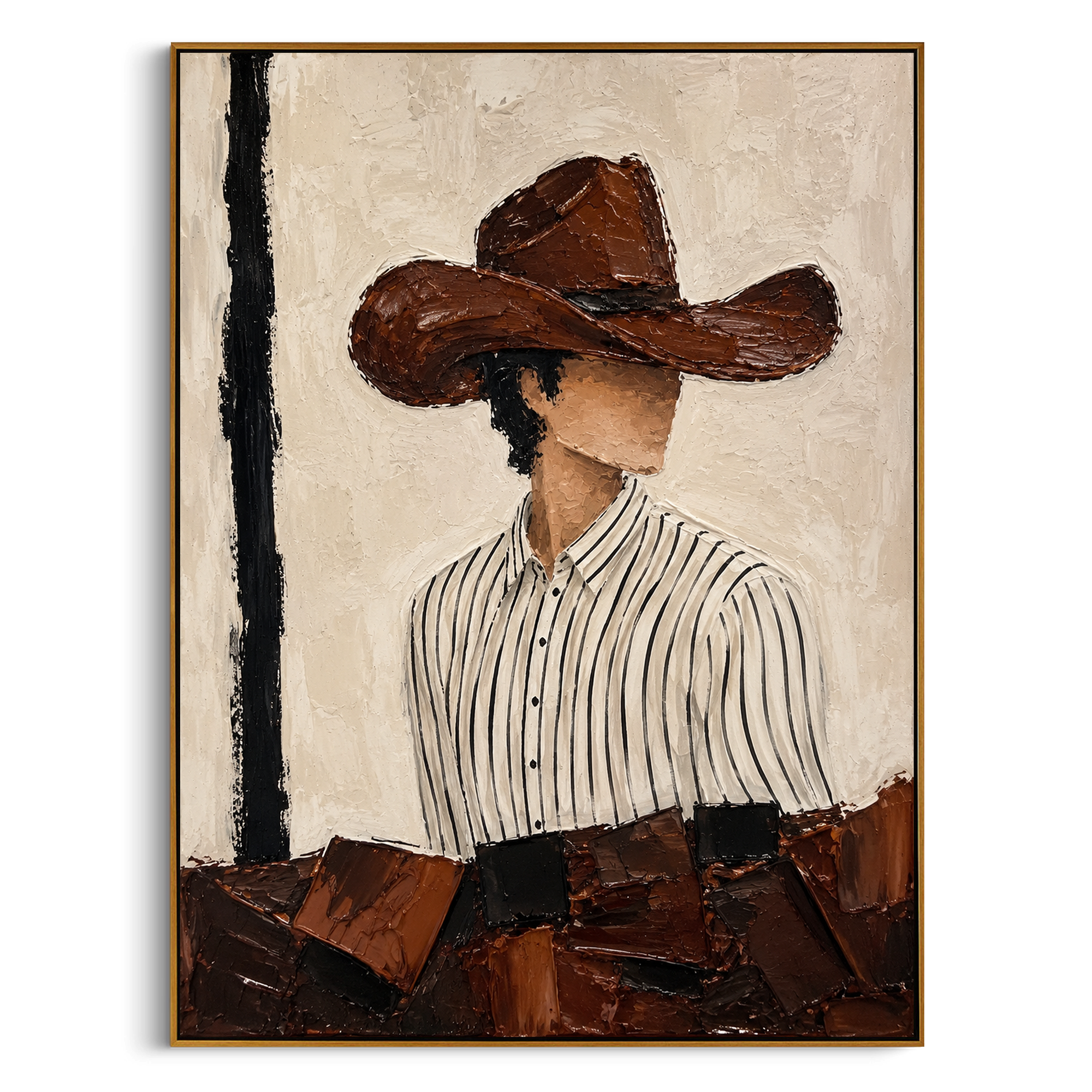 "Side Glance Brown Hat Painting" focuses on atmosphere, surface movement, and sculptural heavy impasto craftsmanship rather than a fixed literal storyline. The composition uses this hand-painted vertical canvas shows a faceless western figure turned slightly to the side under a wide brown hat as the visual anchor, while layered palette-knife paint, raised plaster-like texture, and softened brush movement create tactile depth across the canvas. Curated with a balanced beige, brown, black palette