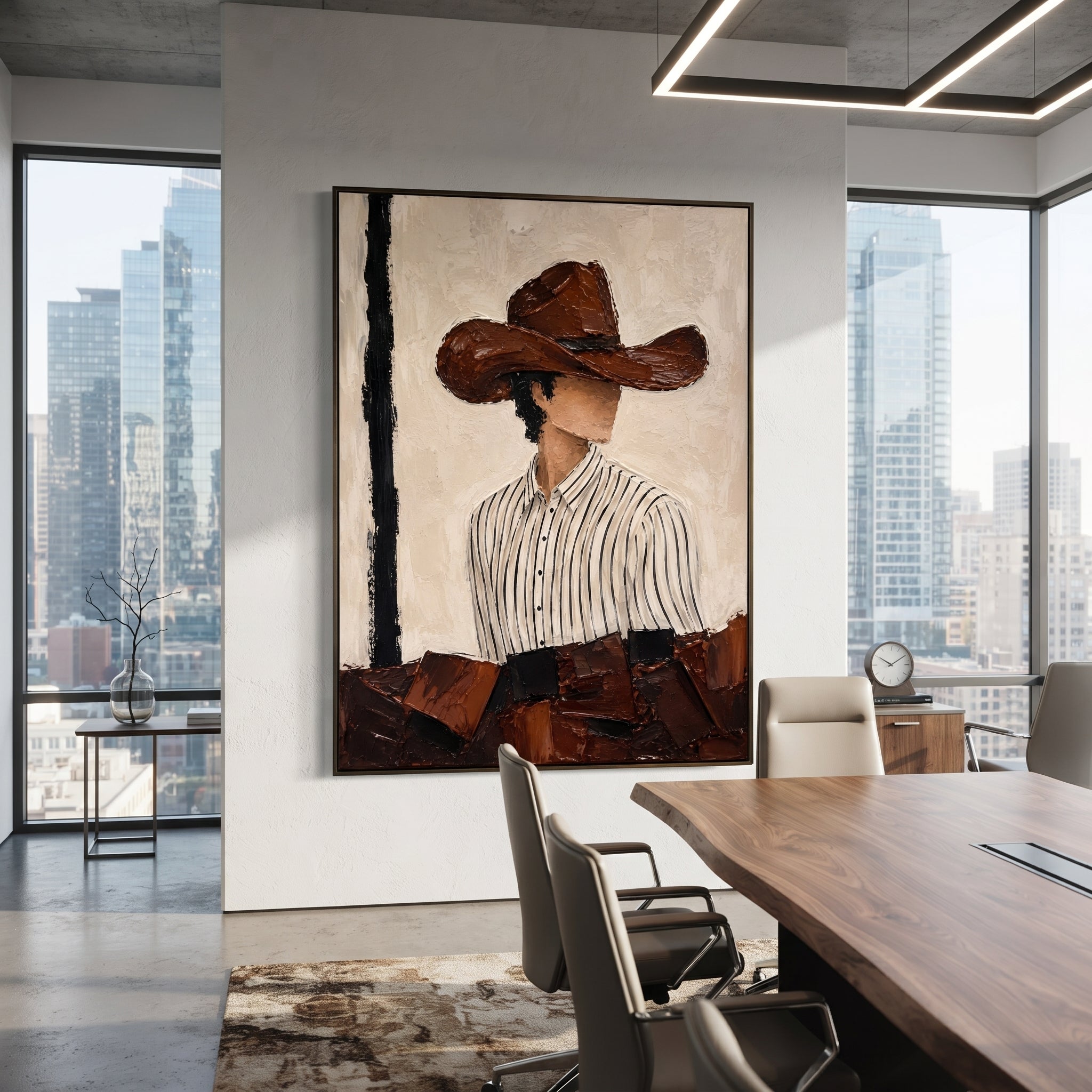 "Side Glance Brown Hat Painting" focuses on atmosphere, surface movement, and sculptural heavy impasto craftsmanship rather than a fixed literal storyline. The composition uses this hand-painted vertical canvas shows a faceless western figure turned slightly to the side under a wide brown hat as the visual anchor, while layered palette-knife paint, raised plaster-like texture, and softened brush movement create tactile depth across the canvas. Curated with a balanced beige, brown, black palette