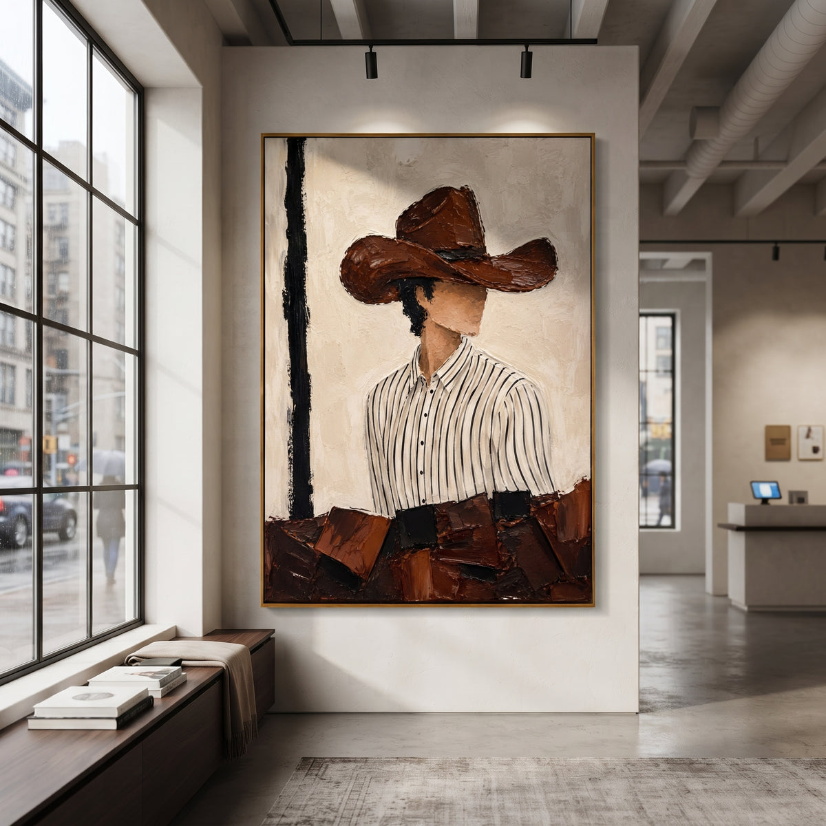 "Side Glance Brown Hat Painting" focuses on atmosphere, surface movement, and sculptural heavy impasto craftsmanship rather than a fixed literal storyline. The composition uses this hand-painted vertical canvas shows a faceless western figure turned slightly to the side under a wide brown hat as the visual anchor, while layered palette-knife paint, raised plaster-like texture, and softened brush movement create tactile depth across the canvas. Curated with a balanced beige, brown, black palette