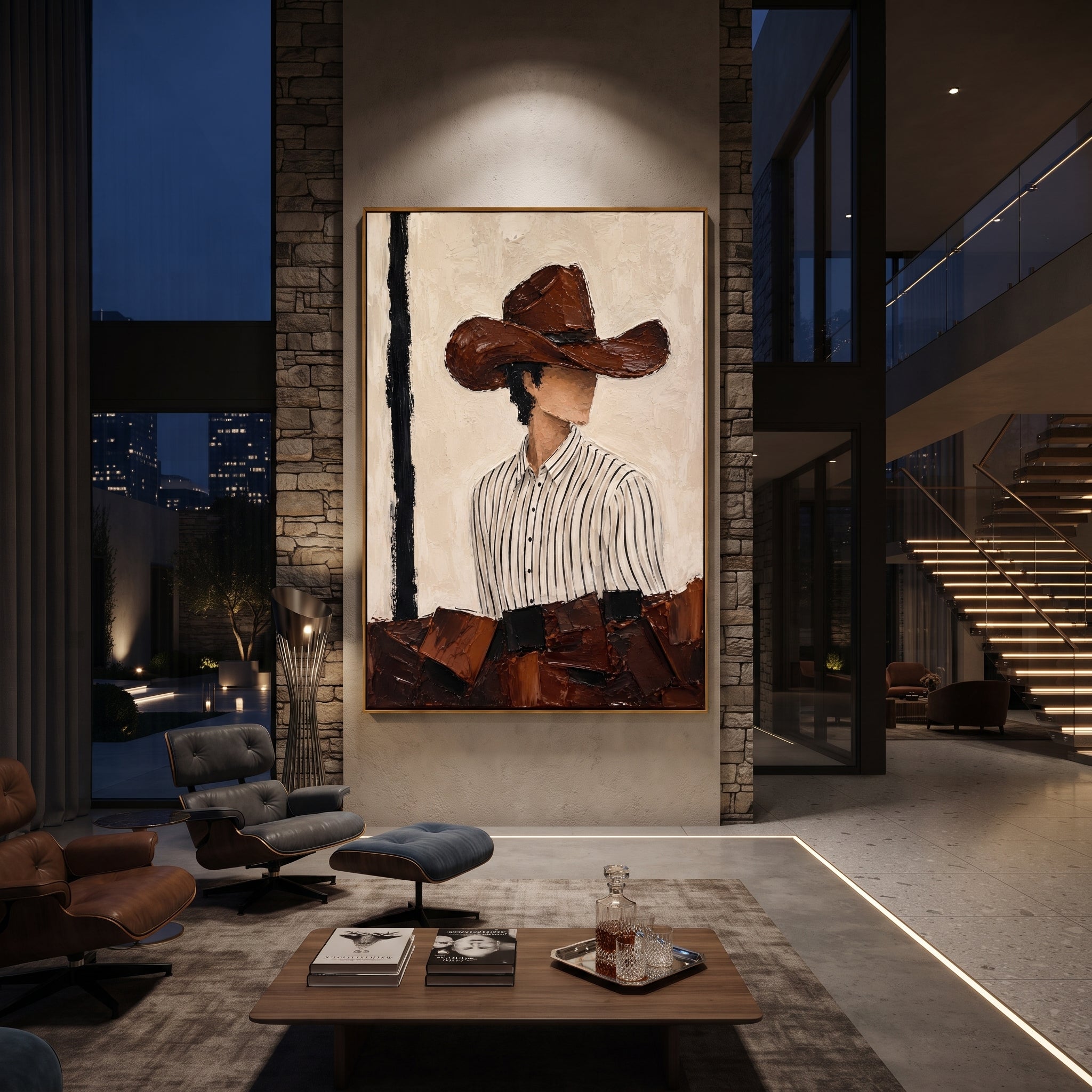 "Side Glance Brown Hat Painting" focuses on atmosphere, surface movement, and sculptural heavy impasto craftsmanship rather than a fixed literal storyline. The composition uses this hand-painted vertical canvas shows a faceless western figure turned slightly to the side under a wide brown hat as the visual anchor, while layered palette-knife paint, raised plaster-like texture, and softened brush movement create tactile depth across the canvas. Curated with a balanced beige, brown, black palette