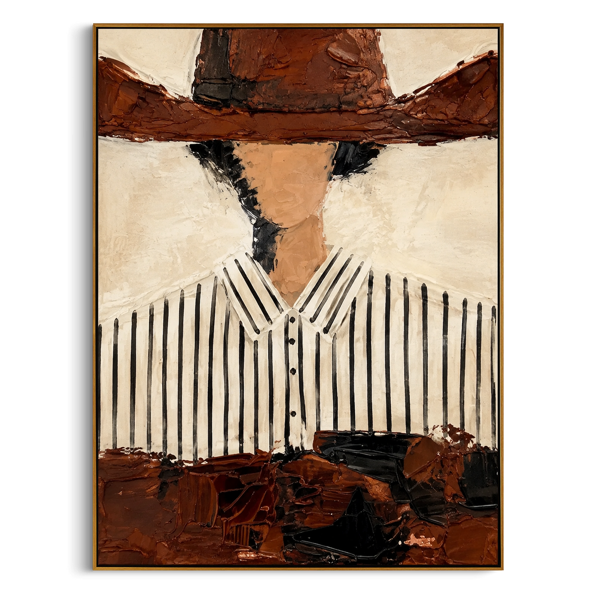 "Cropped Brown Hat Cowboy Painting" - Modern Heavy Impasto Western Animal Artwork | Beige & Brown Palette Knife Painting | Luxury Vertical Wall Art #PT 1551