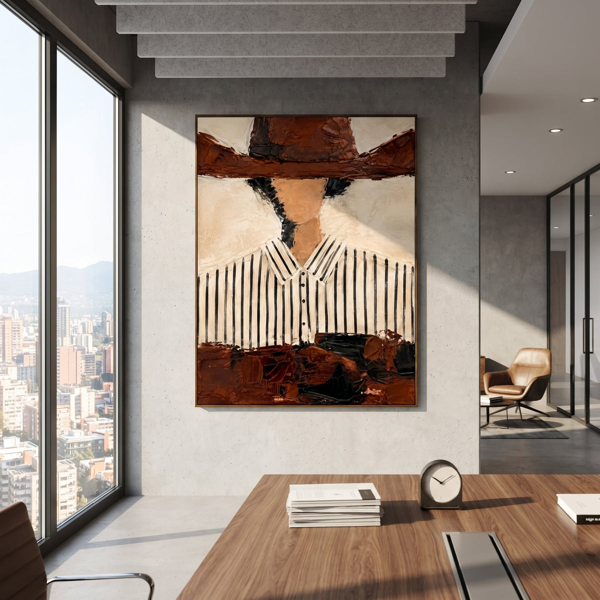 "Cropped Brown Hat Cowboy Painting" focuses on atmosphere, surface movement, and sculptural heavy impasto craftsmanship rather than a fixed literal storyline. The composition uses this hand-painted vertical canvas presents a cropped western portrait with a broad brown hat shadowing a faceless head above a white black-striped shirt as the visual anchor, while layered palette-knife paint, raised plaster-like texture, and softened brush movement create tactile depth across the canvas. Curated with