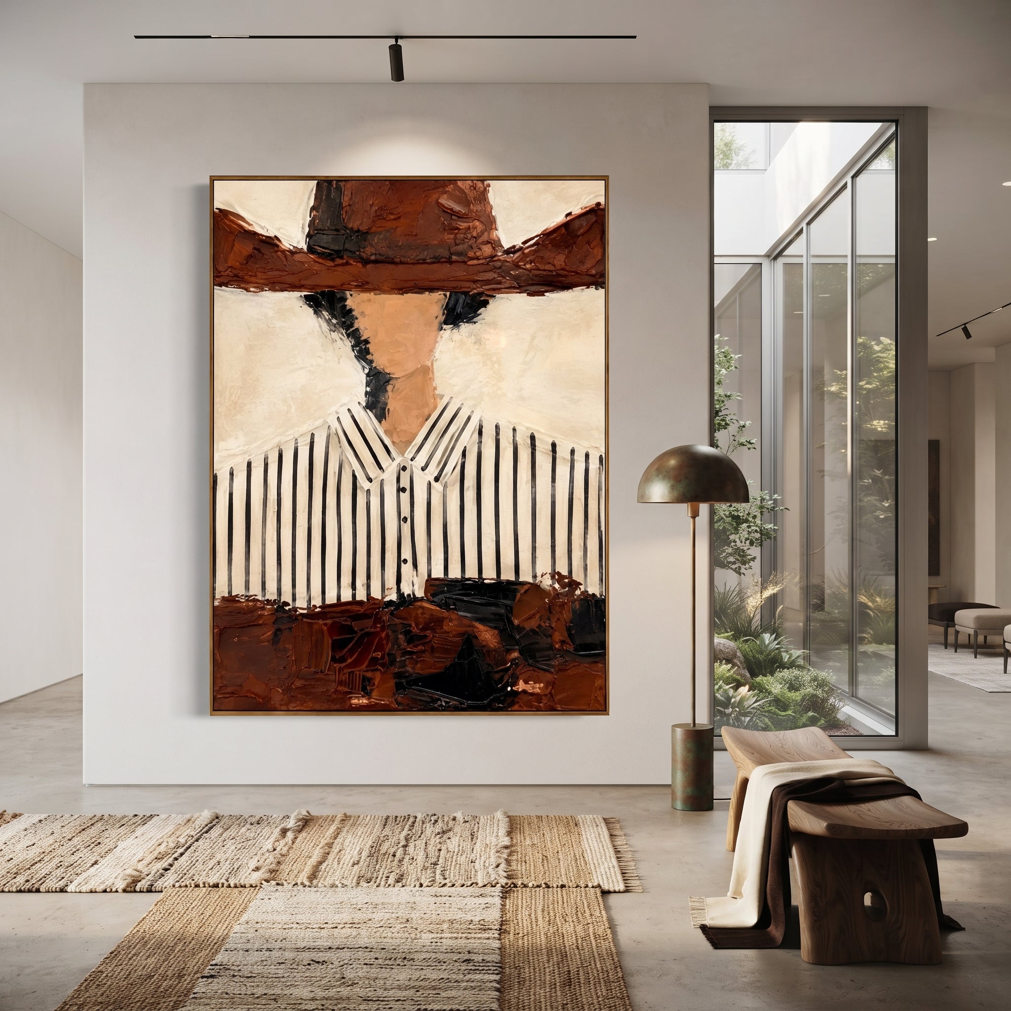 "Cropped Brown Hat Cowboy Painting" focuses on atmosphere, surface movement, and sculptural heavy impasto craftsmanship rather than a fixed literal storyline. The composition uses this hand-painted vertical canvas presents a cropped western portrait with a broad brown hat shadowing a faceless head above a white black-striped shirt as the visual anchor, while layered palette-knife paint, raised plaster-like texture, and softened brush movement create tactile depth across the canvas. Curated with