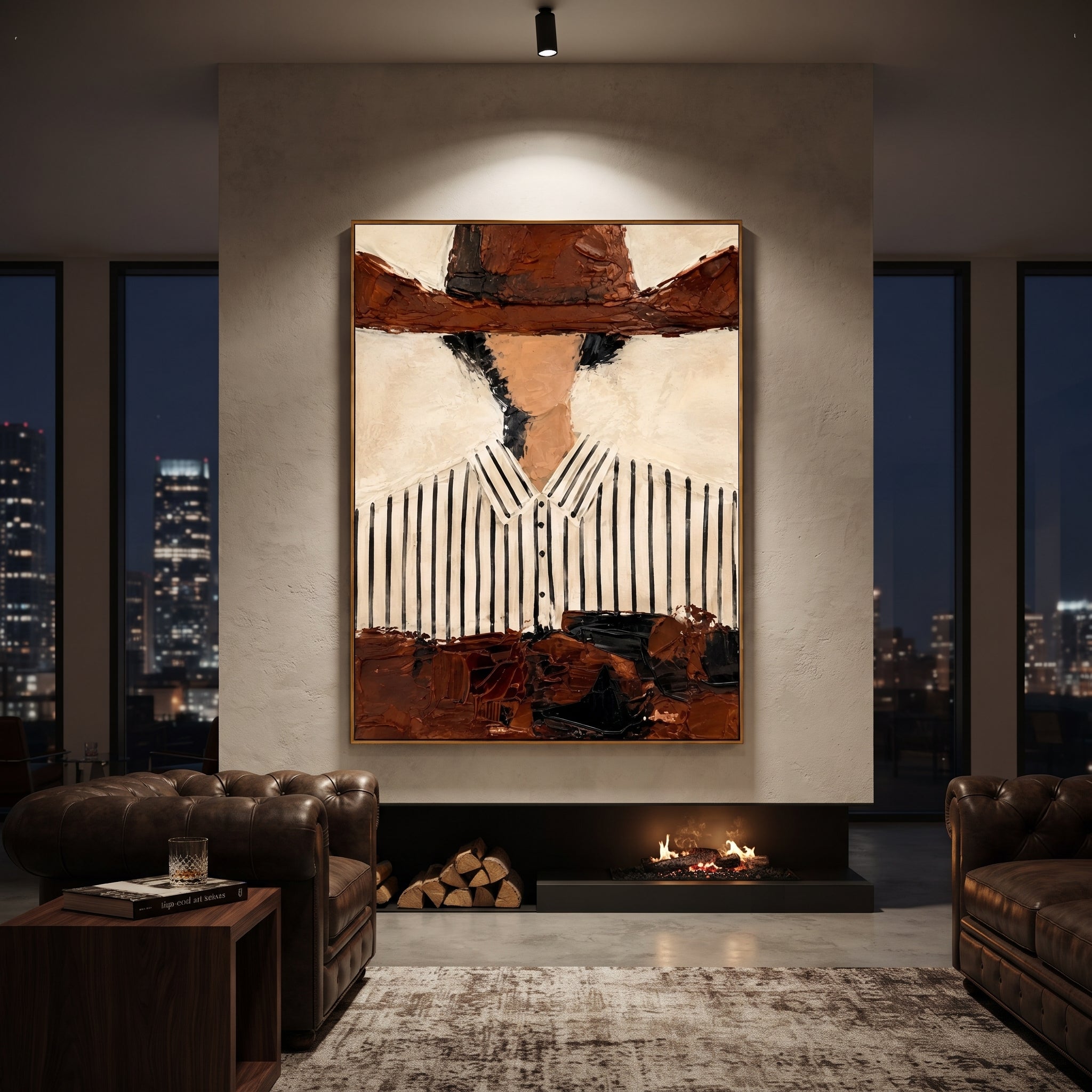"Cropped Brown Hat Cowboy Painting" focuses on atmosphere, surface movement, and sculptural heavy impasto craftsmanship rather than a fixed literal storyline. The composition uses this hand-painted vertical canvas presents a cropped western portrait with a broad brown hat shadowing a faceless head above a white black-striped shirt as the visual anchor, while layered palette-knife paint, raised plaster-like texture, and softened brush movement create tactile depth across the canvas. Curated with