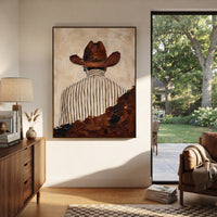 "Back View Brown Hat Portrait Painting" focuses on atmosphere, surface movement, and sculptural heavy impasto craftsmanship rather than a fixed literal storyline. The composition uses this hand-painted vertical canvas shows a western figure from behind, wearing a broad brown hat and a white shirt with thin black stripes as the visual anchor, while layered palette-knife paint, raised plaster-like texture, and softened brush movement create tactile depth across the canvas. Curated with a balanced