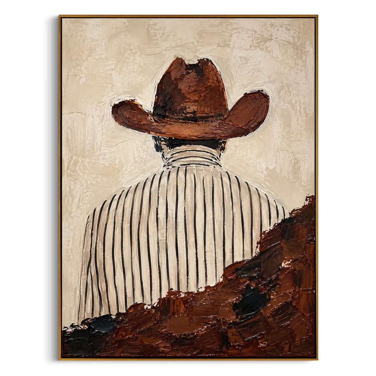 "Back View Brown Hat Portrait Painting" - Modern Heavy Impasto Western Animal Artwork | Beige & Brown Palette Knife Painting | Luxury Vertical Wall Art #PT 1552