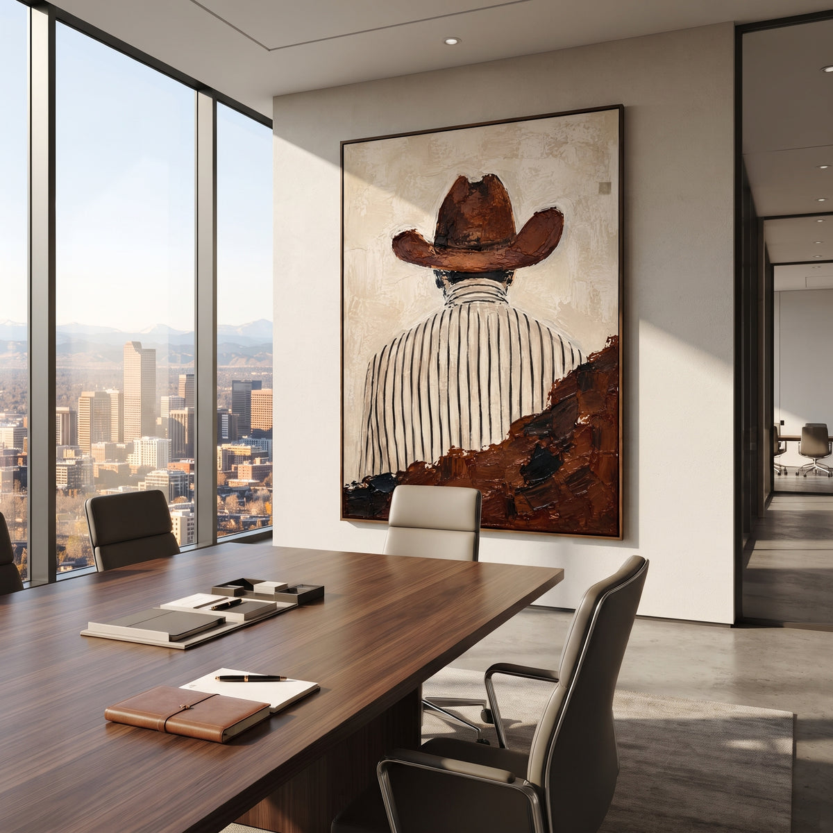 "Back View Brown Hat Portrait Painting" focuses on atmosphere, surface movement, and sculptural heavy impasto craftsmanship rather than a fixed literal storyline. The composition uses this hand-painted vertical canvas shows a western figure from behind, wearing a broad brown hat and a white shirt with thin black stripes as the visual anchor, while layered palette-knife paint, raised plaster-like texture, and softened brush movement create tactile depth across the canvas. Curated with a balanced