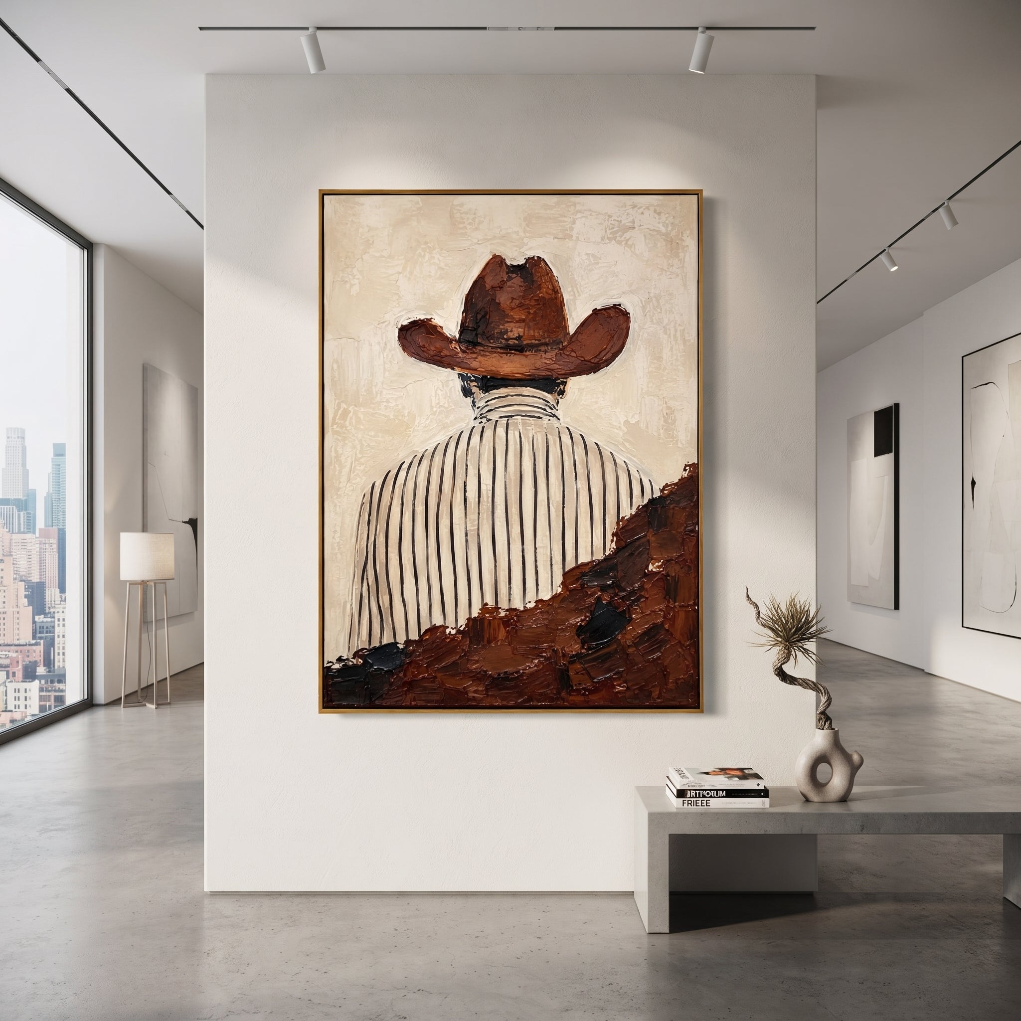 "Back View Brown Hat Portrait Painting" focuses on atmosphere, surface movement, and sculptural heavy impasto craftsmanship rather than a fixed literal storyline. The composition uses this hand-painted vertical canvas shows a western figure from behind, wearing a broad brown hat and a white shirt with thin black stripes as the visual anchor, while layered palette-knife paint, raised plaster-like texture, and softened brush movement create tactile depth across the canvas. Curated with a balanced