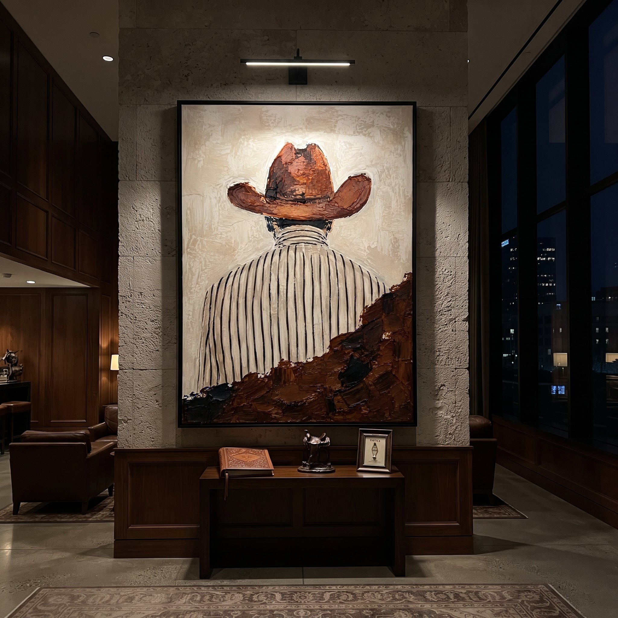 "Back View Brown Hat Portrait Painting" focuses on atmosphere, surface movement, and sculptural heavy impasto craftsmanship rather than a fixed literal storyline. The composition uses this hand-painted vertical canvas shows a western figure from behind, wearing a broad brown hat and a white shirt with thin black stripes as the visual anchor, while layered palette-knife paint, raised plaster-like texture, and softened brush movement create tactile depth across the canvas. Curated with a balanced