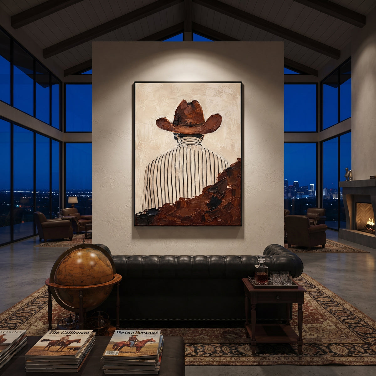 "Back View Brown Hat Portrait Painting" focuses on atmosphere, surface movement, and sculptural heavy impasto craftsmanship rather than a fixed literal storyline. The composition uses this hand-painted vertical canvas shows a western figure from behind, wearing a broad brown hat and a white shirt with thin black stripes as the visual anchor, while layered palette-knife paint, raised plaster-like texture, and softened brush movement create tactile depth across the canvas. Curated with a balanced