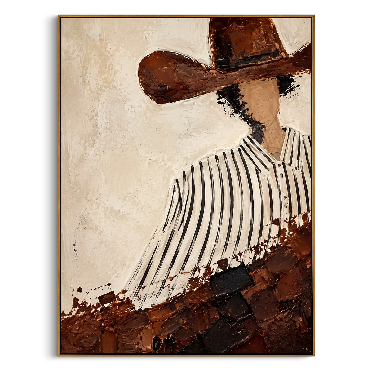 "Diagonal Striped Shirt Cowboy Painting" - Modern Heavy Impasto Western Animal Artwork | Beige & Brown Palette Knife Painting | Luxury Vertical Wall Art #PT 1553