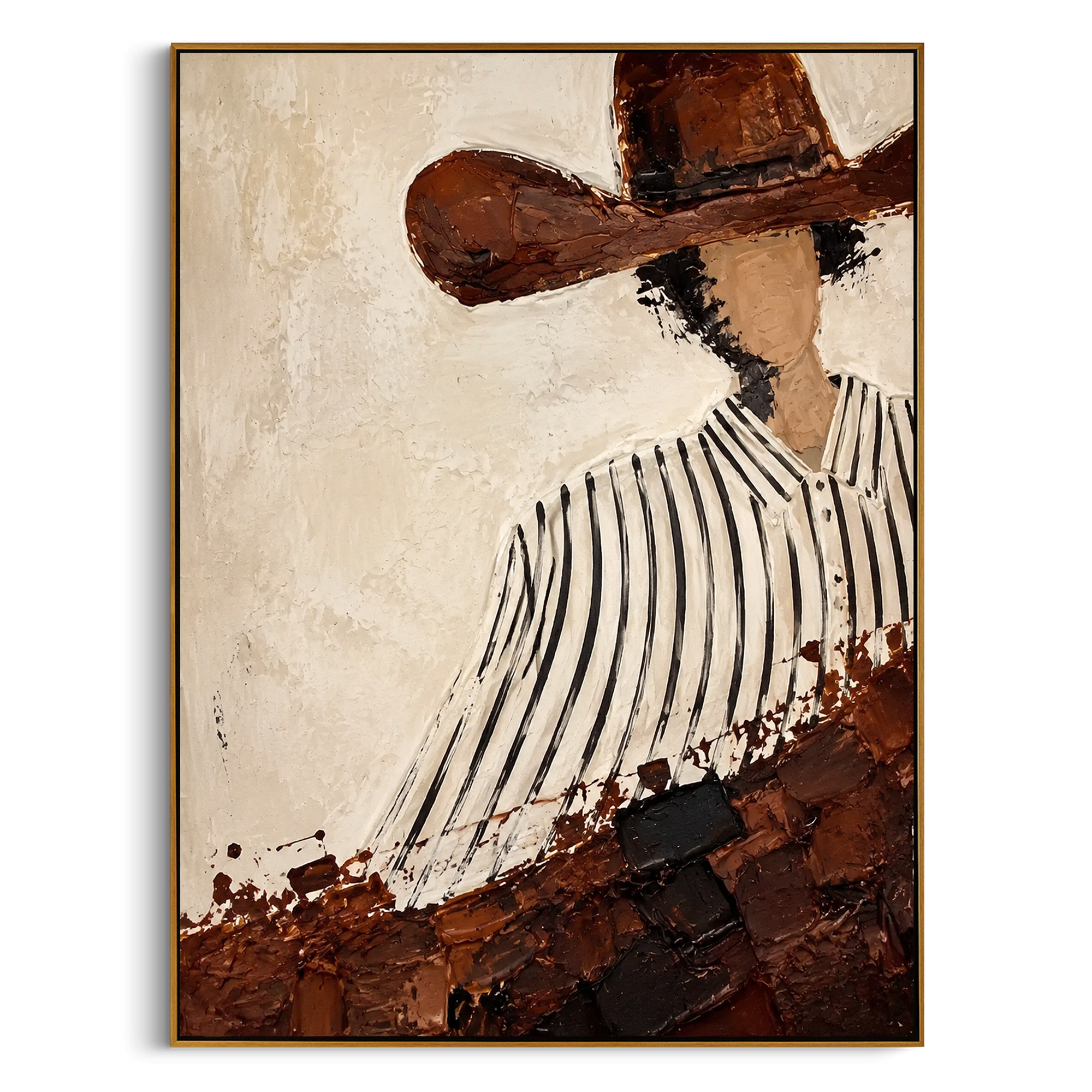 "Diagonal Striped Shirt Cowboy Painting" focuses on atmosphere, surface movement, and sculptural heavy impasto craftsmanship rather than a fixed literal storyline. The composition uses this hand-painted vertical canvas presents a faceless cowboy cropped diagonally beneath a wide brown hat, wearing a white shirt with black vertical stripes as the visual anchor, while layered palette-knife paint, raised plaster-like texture, and softened brush movement create tactile depth across the canvas.