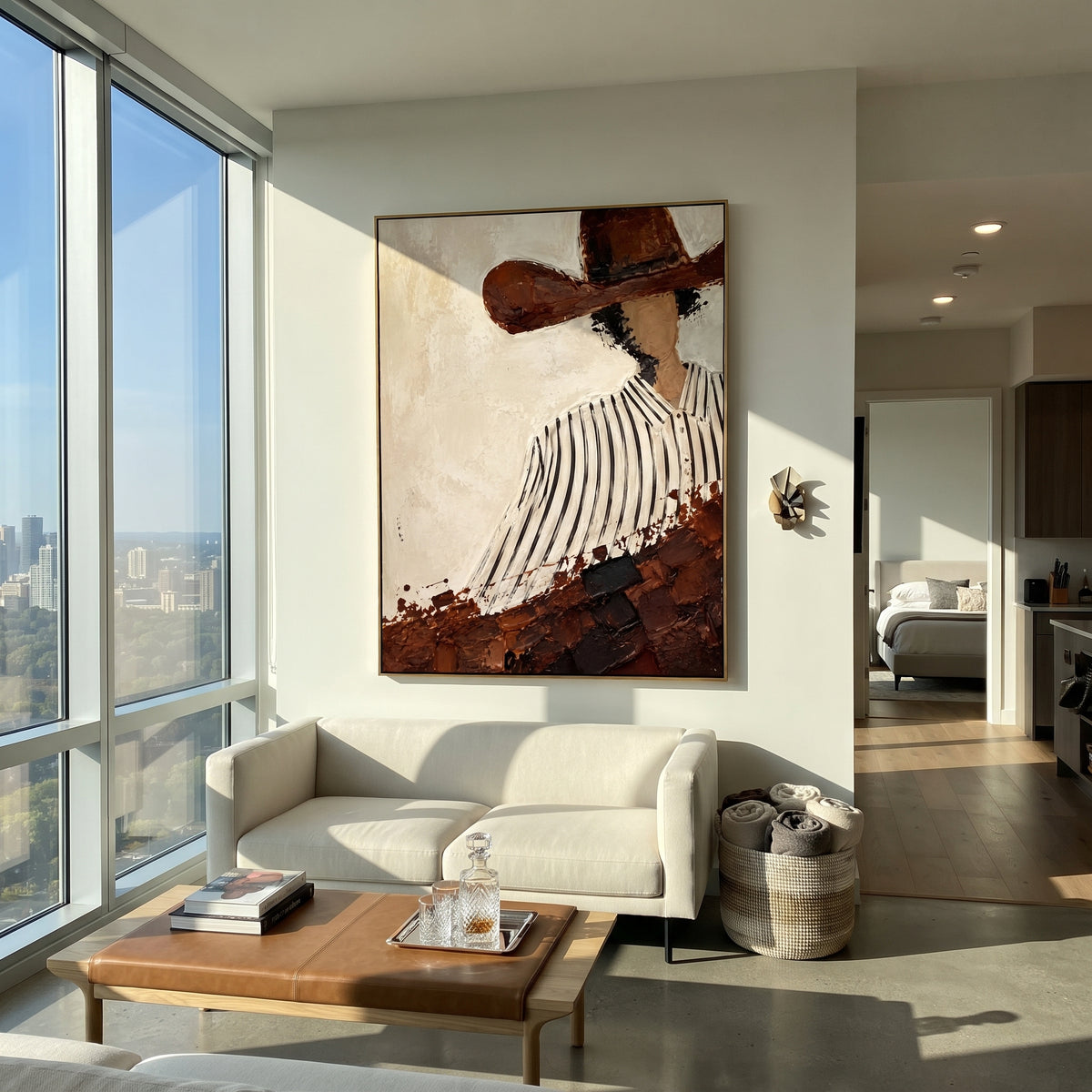 "Diagonal Striped Shirt Cowboy Painting" focuses on atmosphere, surface movement, and sculptural heavy impasto craftsmanship rather than a fixed literal storyline. The composition uses this hand-painted vertical canvas presents a faceless cowboy cropped diagonally beneath a wide brown hat, wearing a white shirt with black vertical stripes as the visual anchor, while layered palette-knife paint, raised plaster-like texture, and softened brush movement create tactile depth across the canvas.