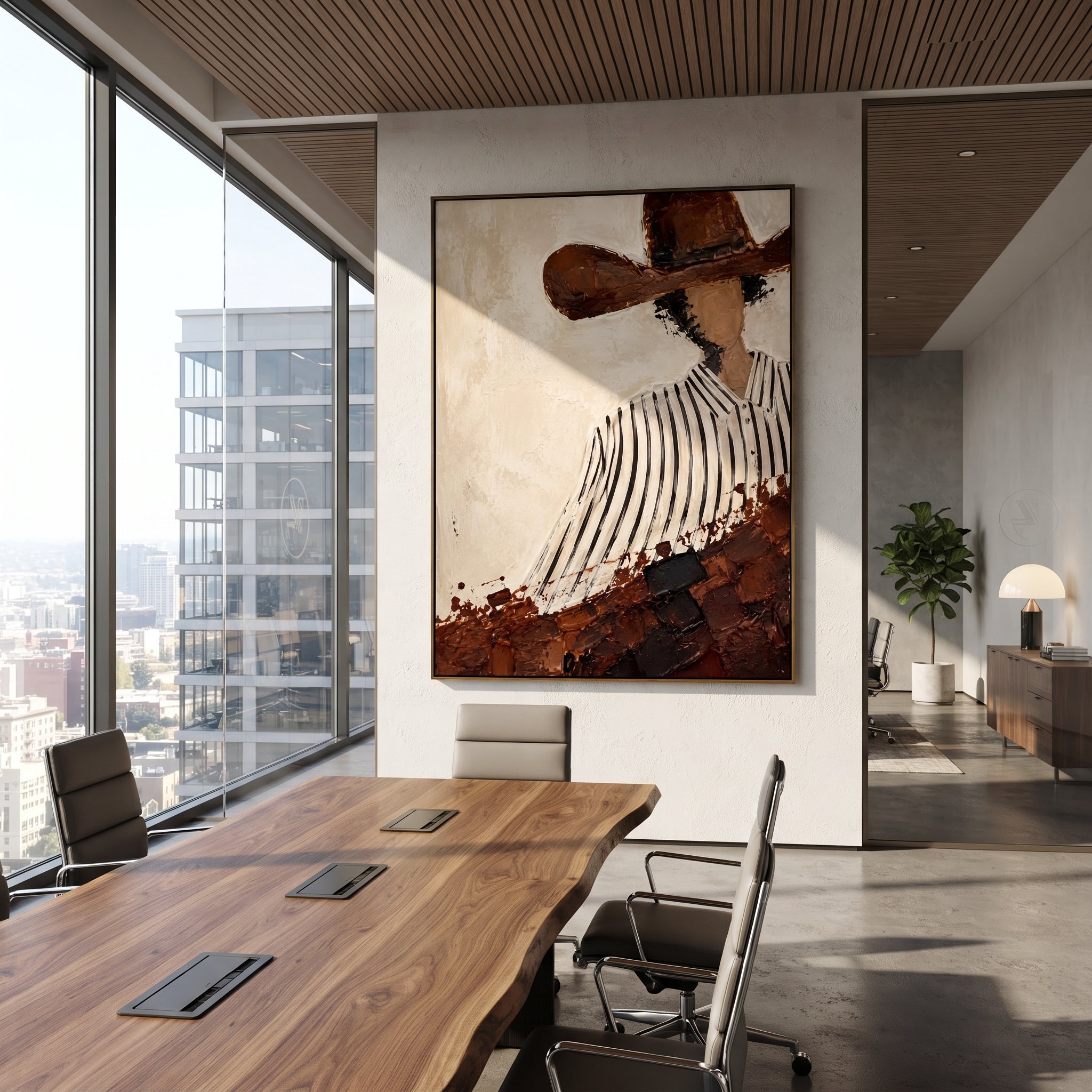 "Diagonal Striped Shirt Cowboy Painting" focuses on atmosphere, surface movement, and sculptural heavy impasto craftsmanship rather than a fixed literal storyline. The composition uses this hand-painted vertical canvas presents a faceless cowboy cropped diagonally beneath a wide brown hat, wearing a white shirt with black vertical stripes as the visual anchor, while layered palette-knife paint, raised plaster-like texture, and softened brush movement create tactile depth across the canvas.