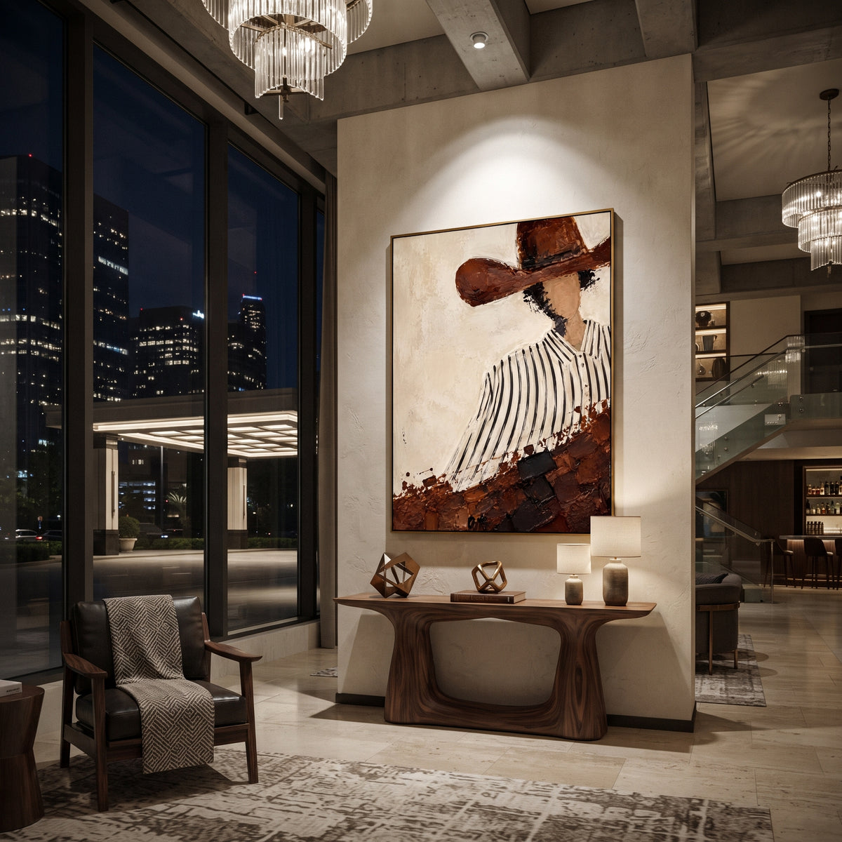 "Diagonal Striped Shirt Cowboy Painting" focuses on atmosphere, surface movement, and sculptural heavy impasto craftsmanship rather than a fixed literal storyline. The composition uses this hand-painted vertical canvas presents a faceless cowboy cropped diagonally beneath a wide brown hat, wearing a white shirt with black vertical stripes as the visual anchor, while layered palette-knife paint, raised plaster-like texture, and softened brush movement create tactile depth across the canvas.