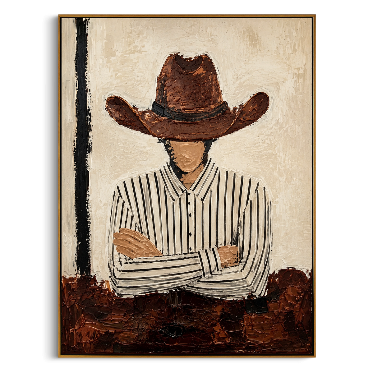 "Arms Crossed Brown Hat Cowboy Painting" focuses on atmosphere, surface movement, and sculptural heavy impasto craftsmanship rather than a fixed literal storyline. The composition uses this hand-painted vertical canvas shows a faceless cowboy standing with crossed arms beneath a broad brown hat as the visual anchor, while layered palette-knife paint, raised plaster-like texture, and softened brush movement create tactile depth across the canvas. Curated with a balanced beige, brown, black