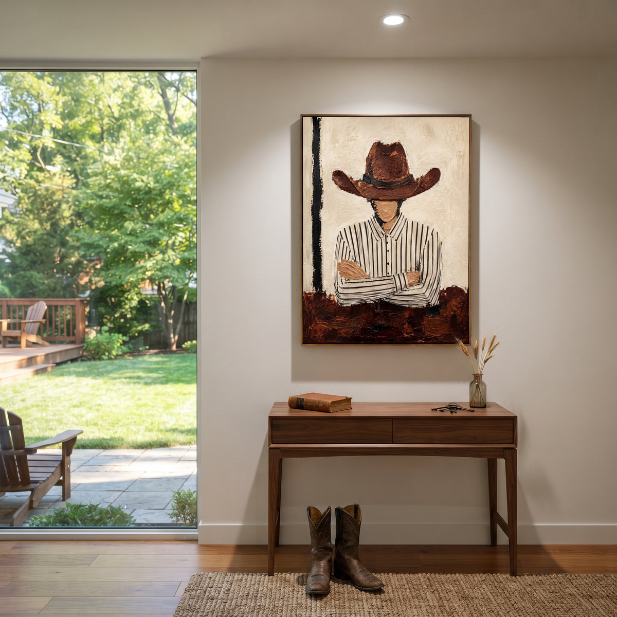"Arms Crossed Brown Hat Cowboy Painting" focuses on atmosphere, surface movement, and sculptural heavy impasto craftsmanship rather than a fixed literal storyline. The composition uses this hand-painted vertical canvas shows a faceless cowboy standing with crossed arms beneath a broad brown hat as the visual anchor, while layered palette-knife paint, raised plaster-like texture, and softened brush movement create tactile depth across the canvas. Curated with a balanced beige, brown, black