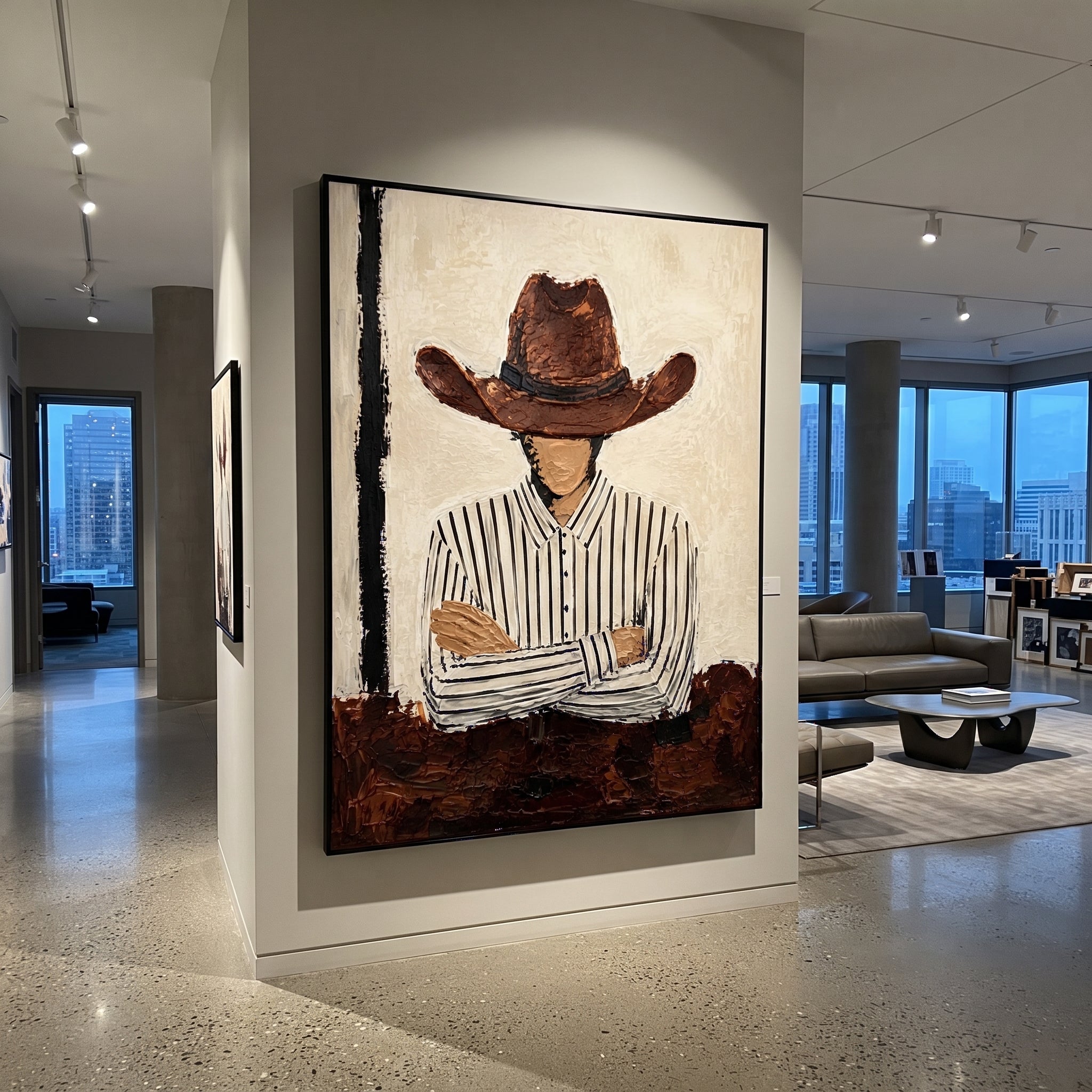 "Arms Crossed Brown Hat Cowboy Painting" focuses on atmosphere, surface movement, and sculptural heavy impasto craftsmanship rather than a fixed literal storyline. The composition uses this hand-painted vertical canvas shows a faceless cowboy standing with crossed arms beneath a broad brown hat as the visual anchor, while layered palette-knife paint, raised plaster-like texture, and softened brush movement create tactile depth across the canvas. Curated with a balanced beige, brown, black