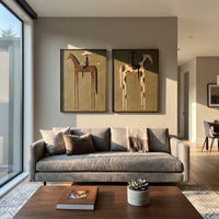 "Two Panel Cowboy Horse Painting" focuses on atmosphere, surface movement, and sculptural heavy impasto craftsmanship rather than a fixed literal storyline. The composition uses this hand-painted horizontal canvas pairs two framed western horse scenes on an olive green plaster ground as the visual anchor, while layered palette-knife paint, raised plaster-like texture, and softened brush movement create tactile depth across the canvas. Curated with a balanced green, brown, beige palette, the