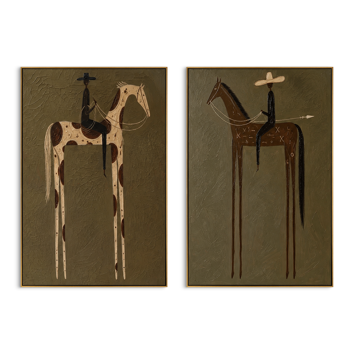 "Two Panel Cowboy Horse Painting" - Modern Heavy Impasto Western Animal Artwork | Natural & Brown Palette Knife Painting | Luxury Horizontal Wall Art #PT 1555